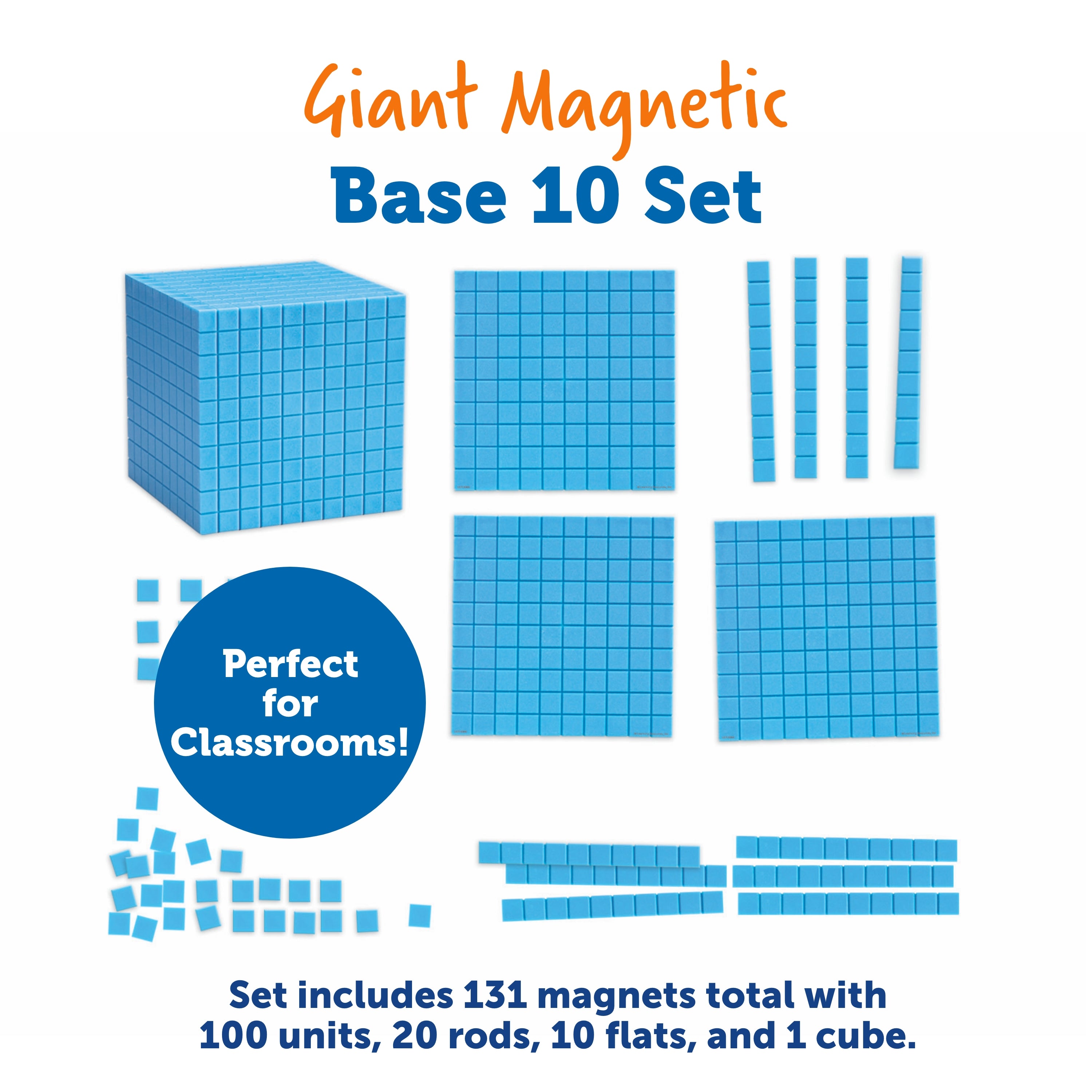 Learning Resources Giant Magnetic Base Ten Set, Classroom Demonstration Kit for Teaching Place Value, Fractions, and Decimals, 131-Piece Maths Manipulative Set