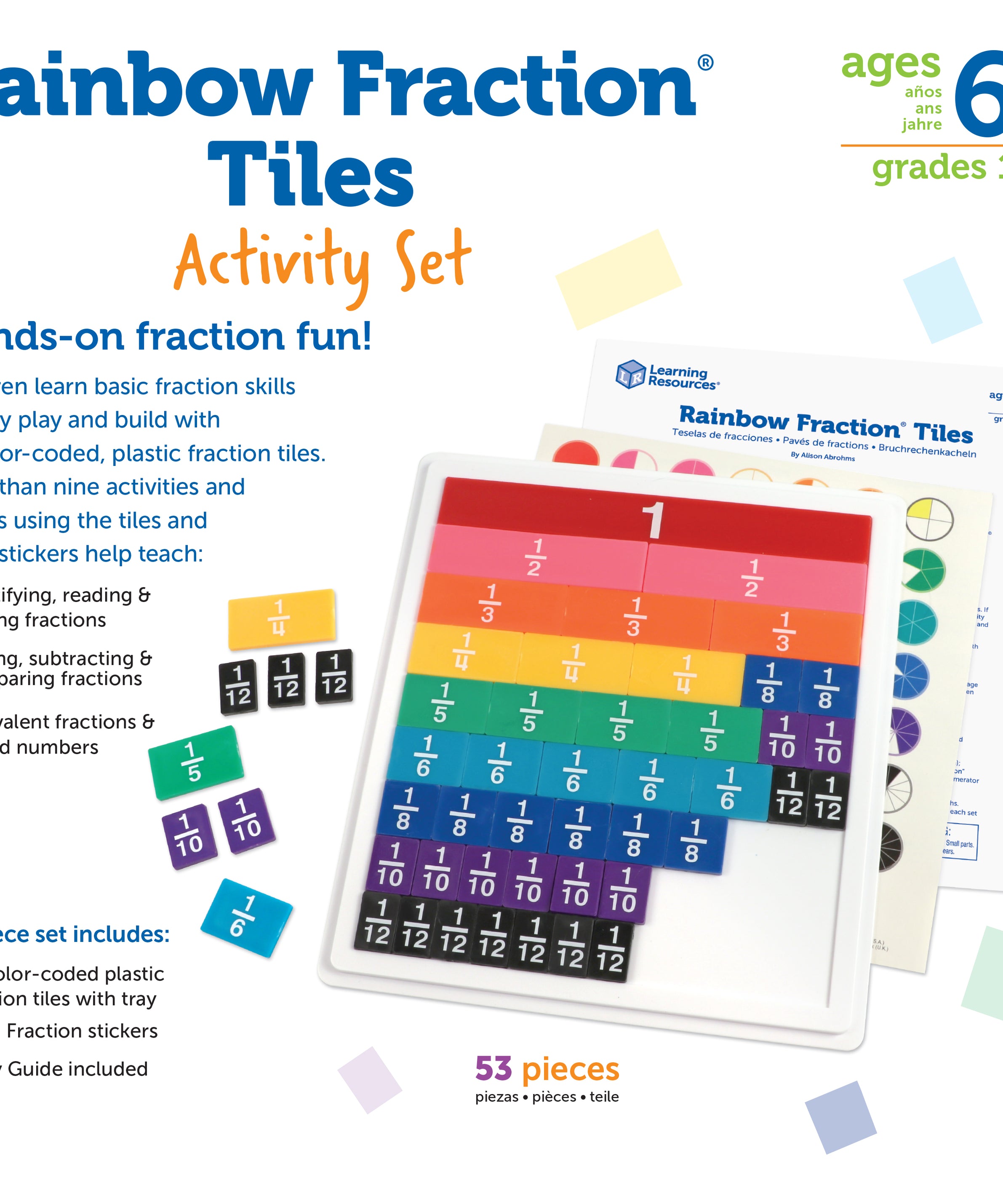 Learning Resources Rainbow Fraction Tiles with Tray, 51-Piece Colour-Coded Set, Visual and Hands-On Learning Tool for Fractions, Includes Activity Guide and Storage Tray