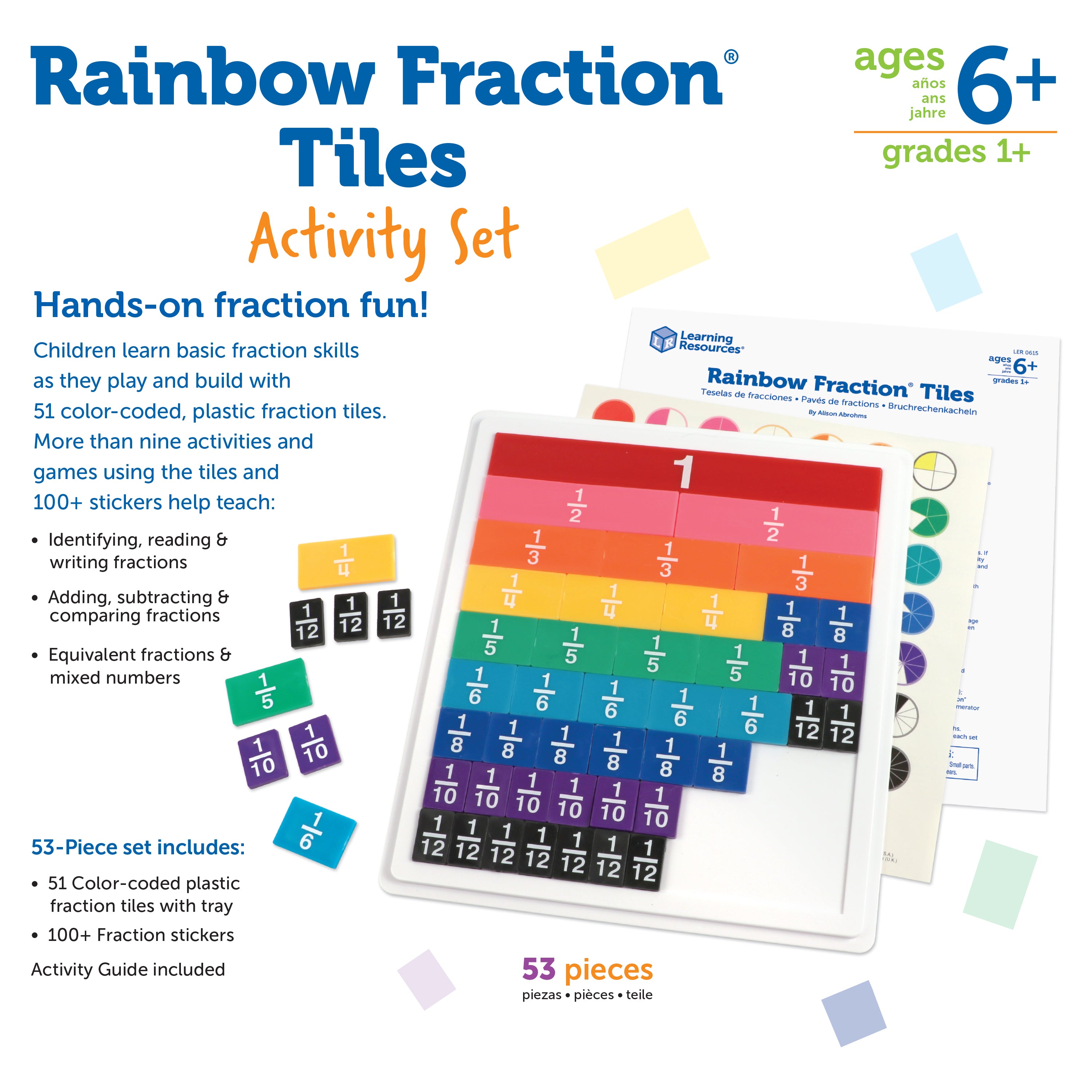 Learning Resources Rainbow Fraction Tiles with Tray, 51-Piece Colour-Coded Set, Visual and Hands-On Learning Tool for Fractions, Includes Activity Guide and Storage Tray