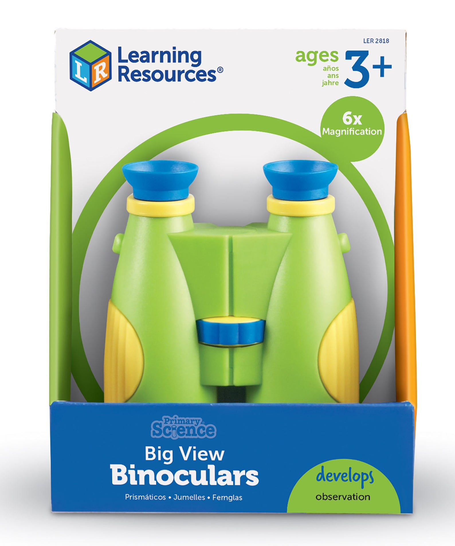 Learning Resources Primary Science Big View Binoculars, 6x Magnification, Easy-Turn Focusing Wheel, Durable Plastic Design with Breakaway Lanyard, Perfect for Outdoor Exploration, Ages 3+
