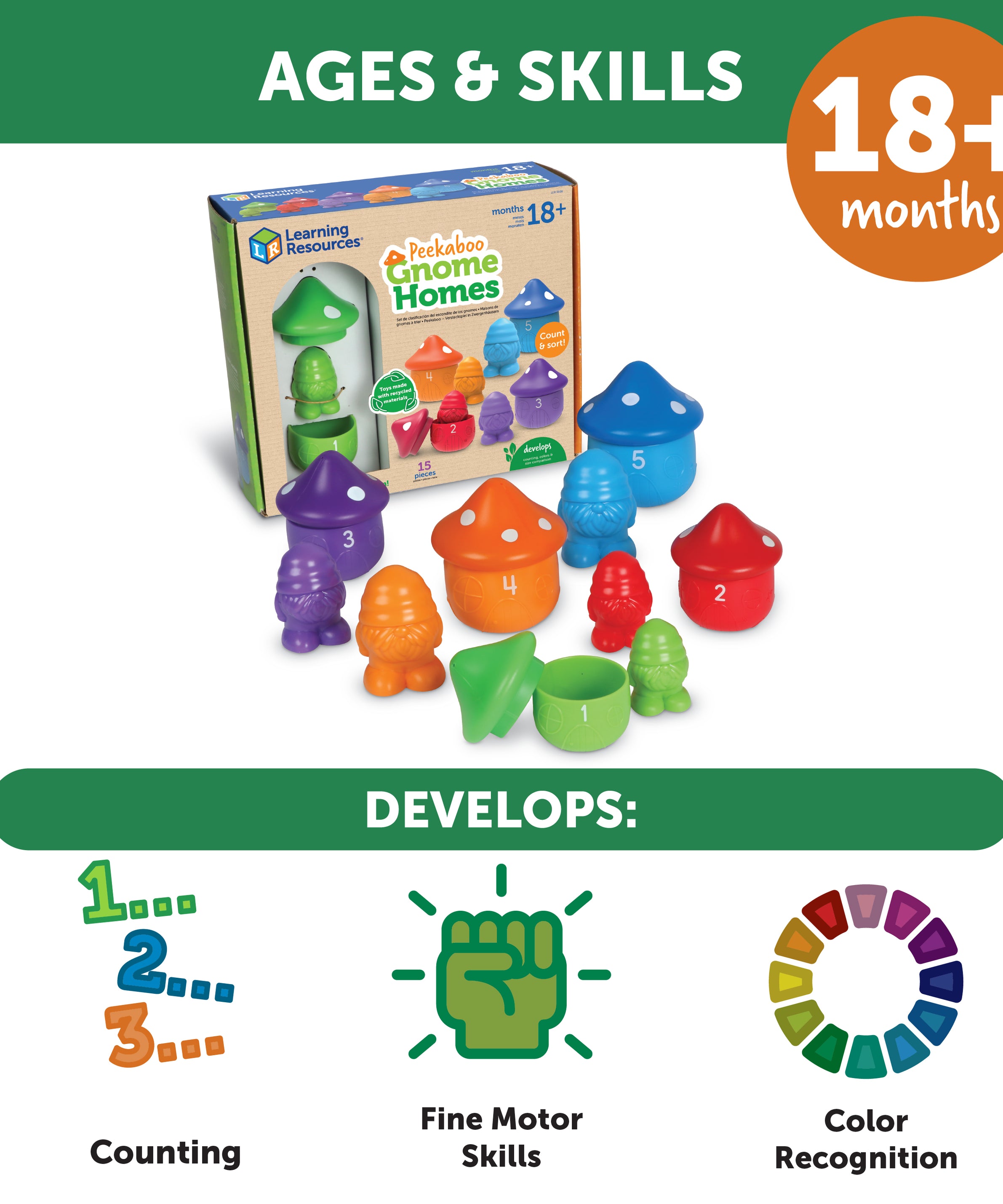 Learning Resources Peekaboo Gnome Homes, Colour, Counting, and Fine Motor Toy Set with 5 Gnomes and Toadstool Houses, Sustainable Learning Toy for Toddlers Ages 18 Months+