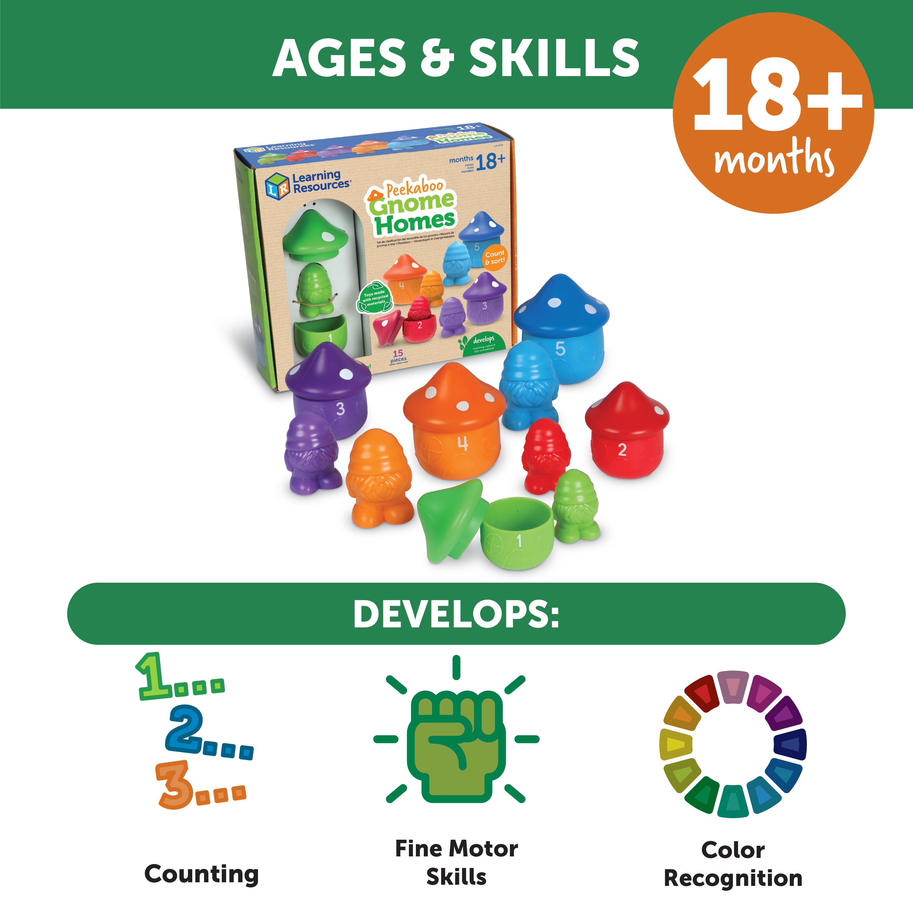 Learning Resources Peekaboo Gnome Homes, Colour, Counting, and Fine Motor Toy Set with 5 Gnomes and Toadstool Houses, Sustainable Learning Toy for Toddlers Ages 18 Months+