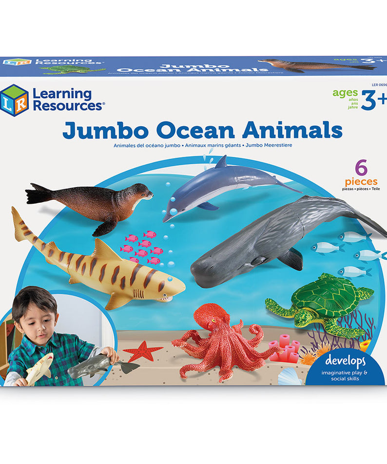 Learning Resources Jumbo Ocean Animals, Set of 6 Realistic Sea Animal Figures for Imaginative Play and Early Science Learning, Durable Plastic Toys with Storage Box, Ages 2+