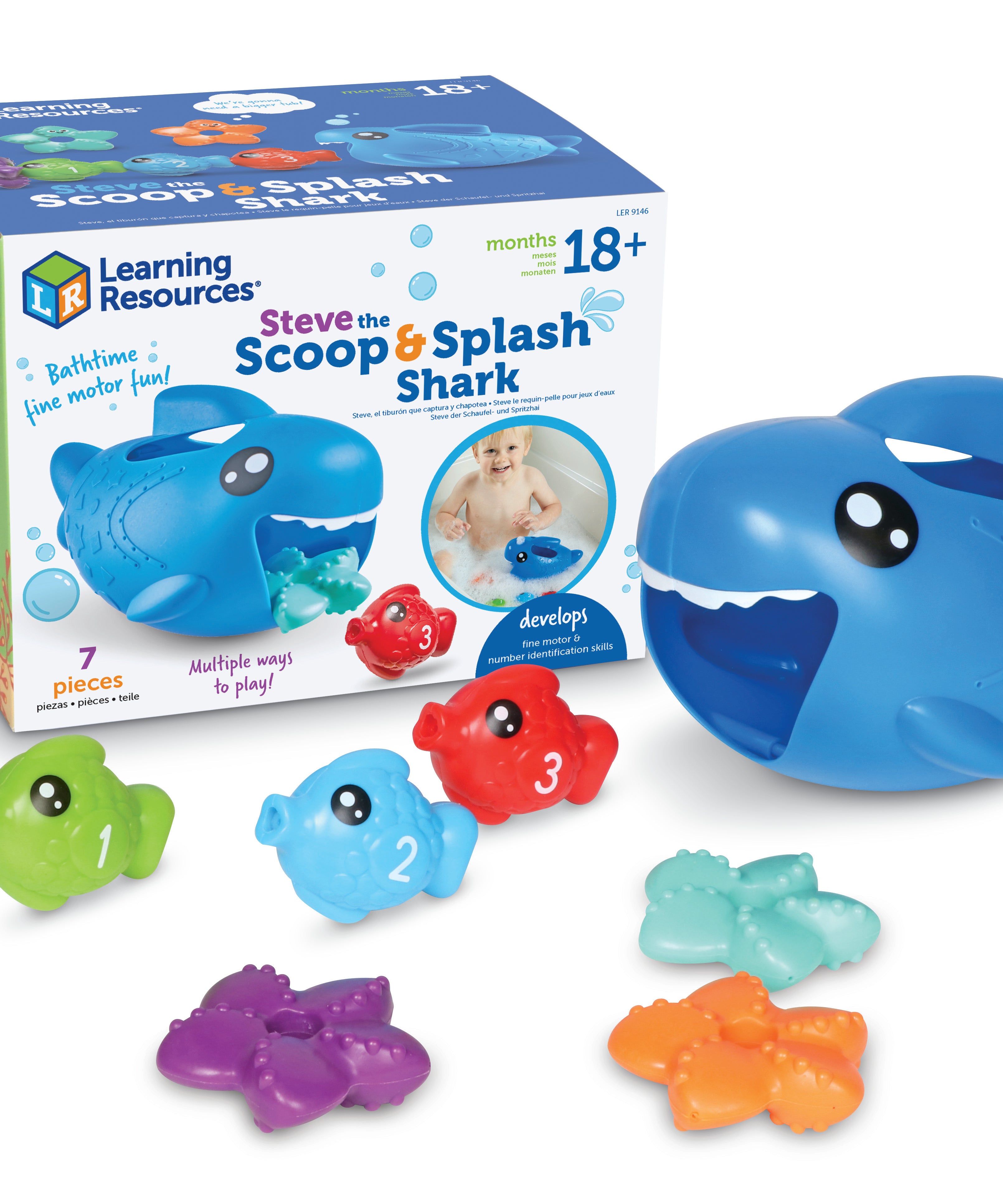 Learning Resources Steve the Scoop and Splash Shark, Water Play Toddler Toy with Fish and Starfish, Bath, Pool, and Water Table Play, Ages 18 Months Plus