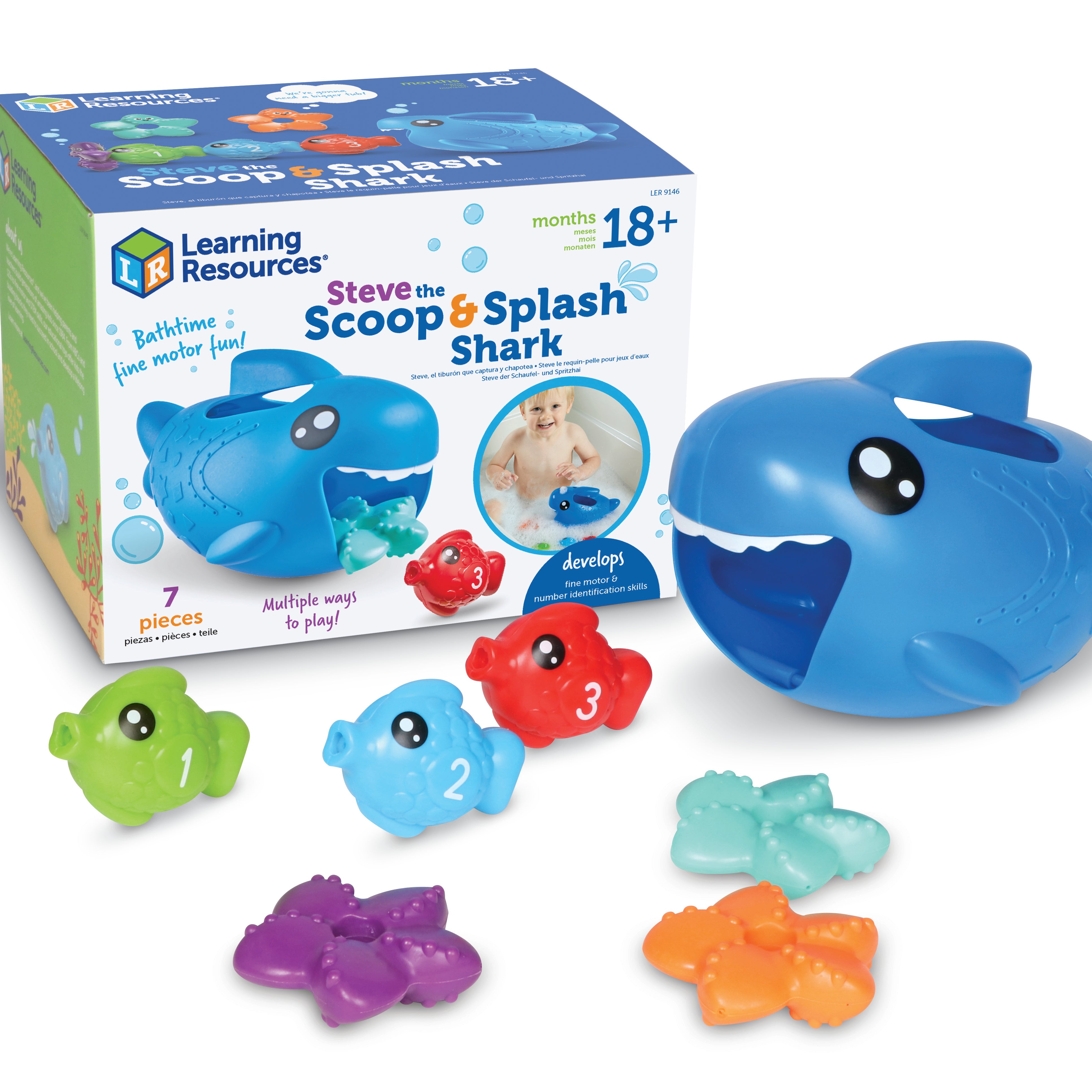 Learning Resources Steve the Scoop and Splash Shark, Water Play Toddler Toy with Fish and Starfish, Bath, Pool, and Water Table Play, Ages 18 Months Plus