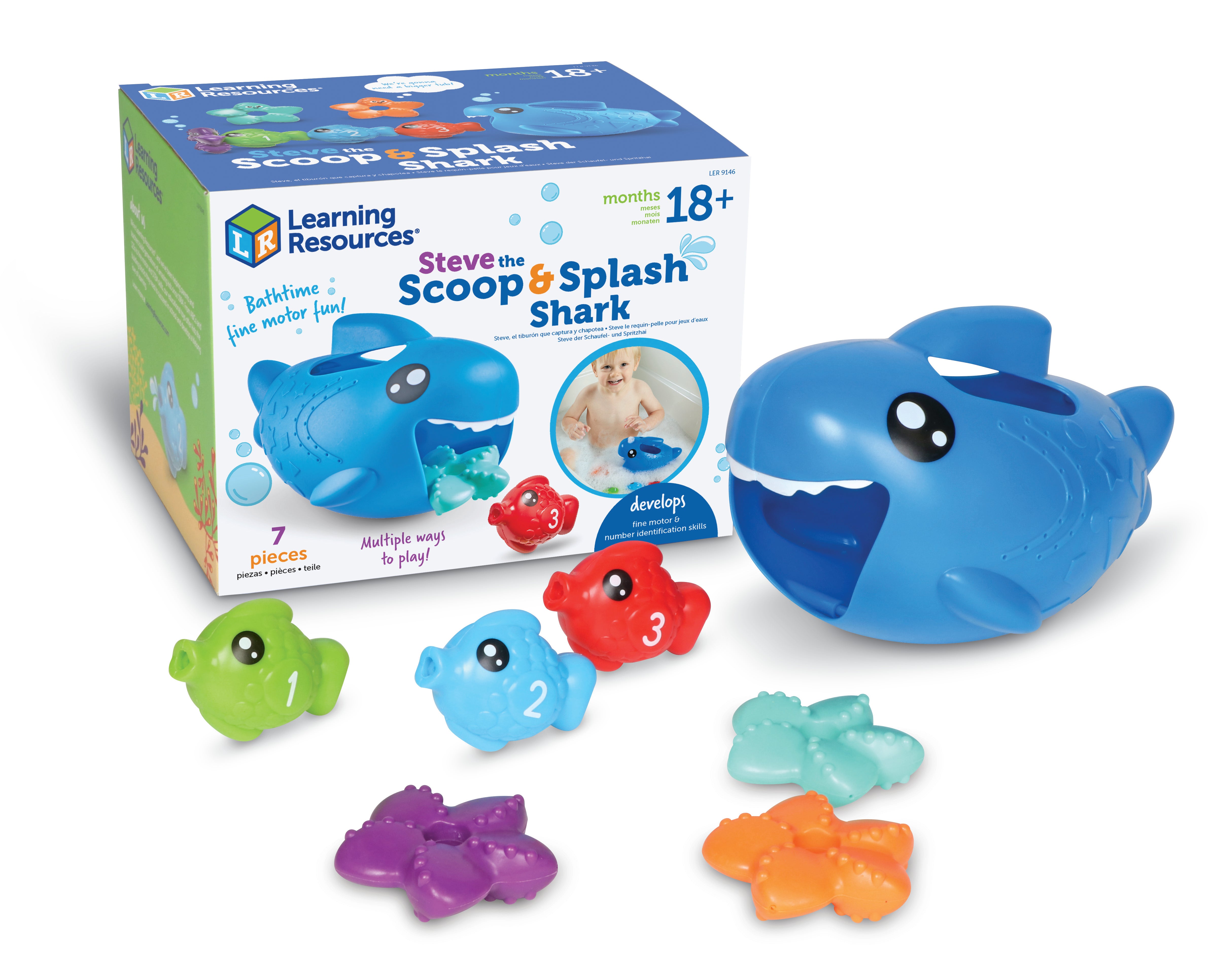 Learning Resources Steve the Scoop and Splash Shark, Water Play Toddler Toy with Fish and Starfish, Bath, Pool, and Water Table Play, Ages 18 Months Plus