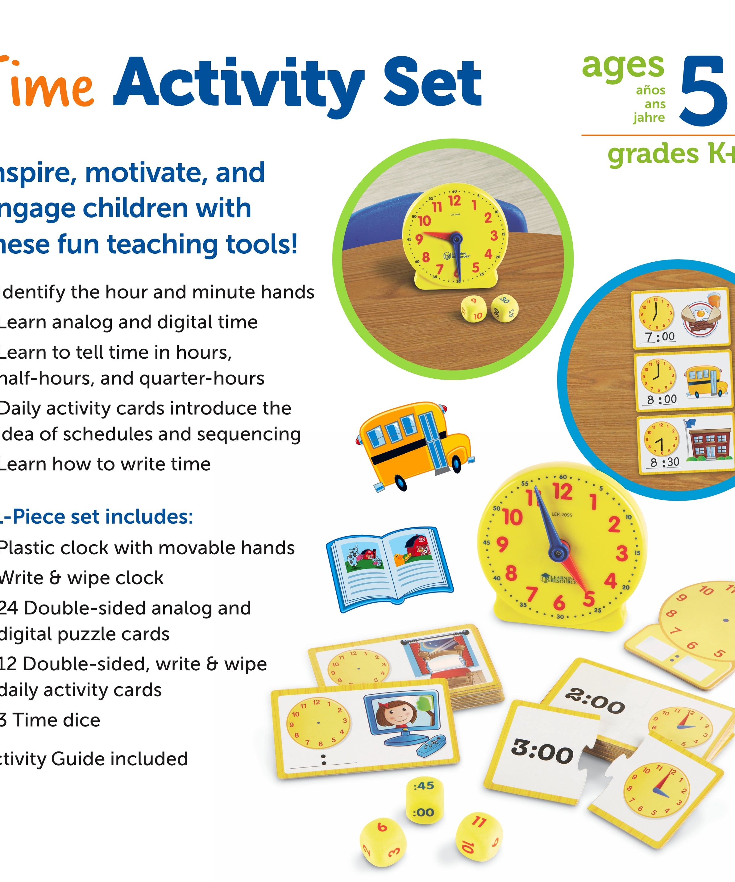 Learning Resources Time Activity Set, Digital & Analogue Time Learning for Kids, Includes Plastic Clock, Puzzle Cards, Time Dice, Activity Cards & Guide, Ages 4+