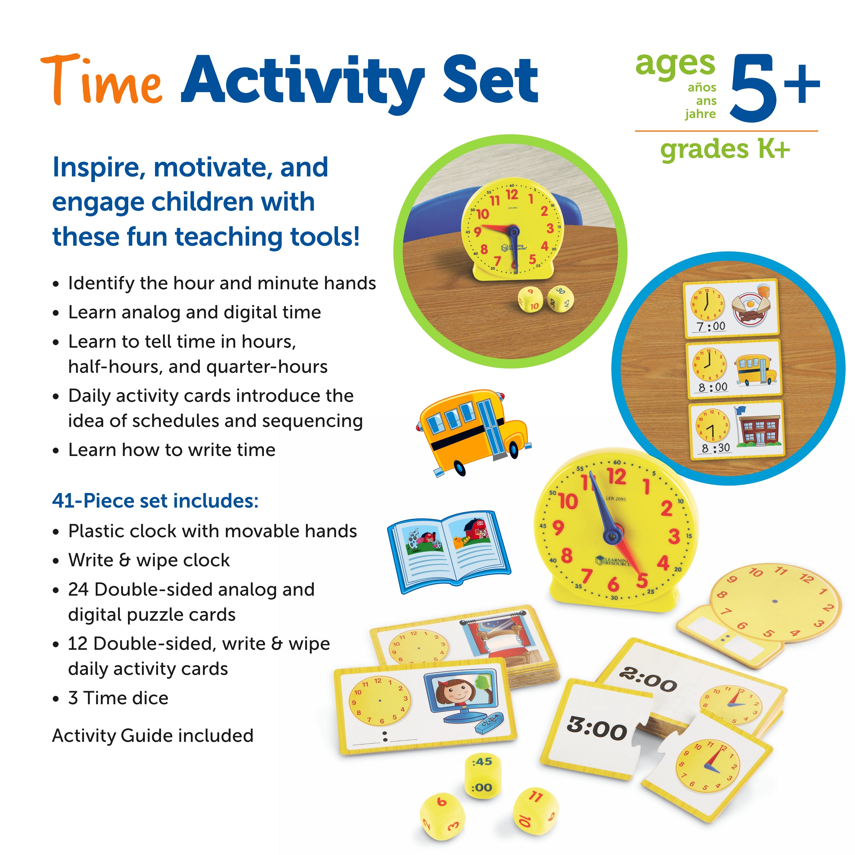 Learning Resources Time Activity Set, Digital & Analogue Time Learning for Kids, Includes Plastic Clock, Puzzle Cards, Time Dice, Activity Cards & Guide, Ages 4+
