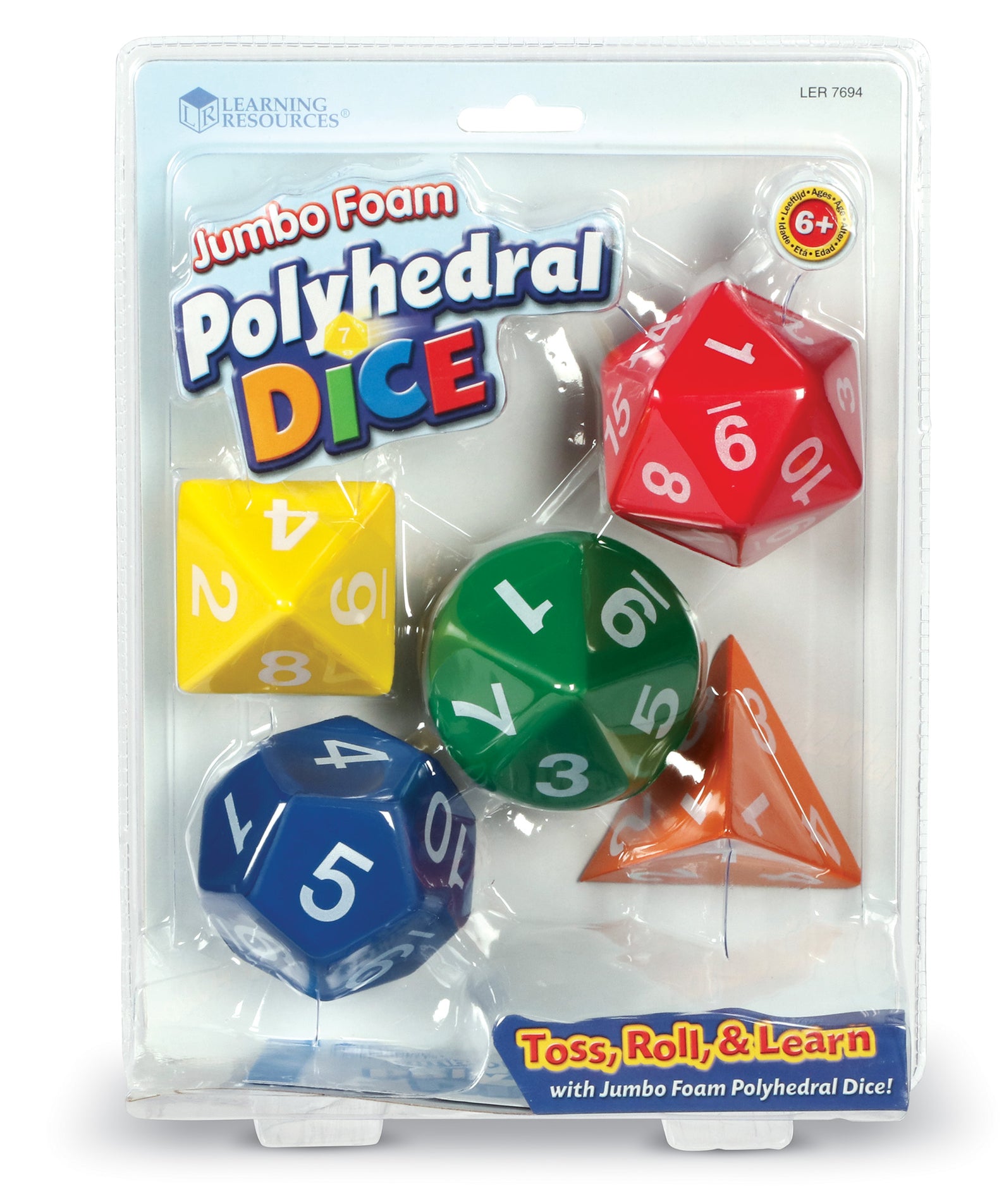 Learning Resources Jumbo Foam Polyhedral Dice, Set of 5 Soft Foam Dice with 4, 8, 10, 12, and 20 Sides, Includes Activity Guide, Ages 6+