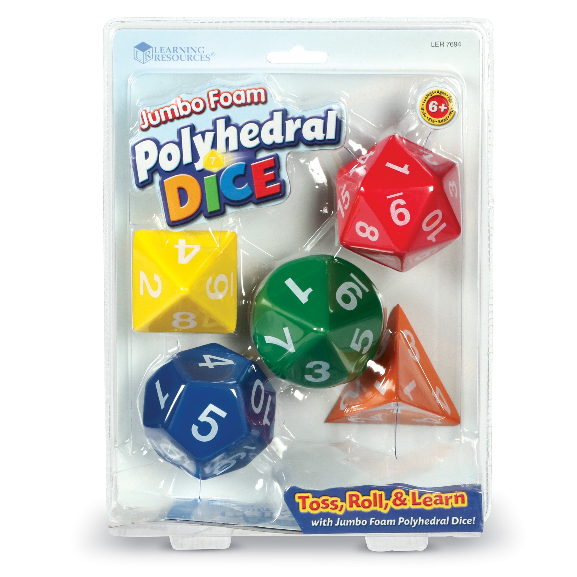 Learning Resources Jumbo Foam Polyhedral Dice, Set of 5 Soft Foam Dice with 4, 8, 10, 12, and 20 Sides, Includes Activity Guide, Ages 6+