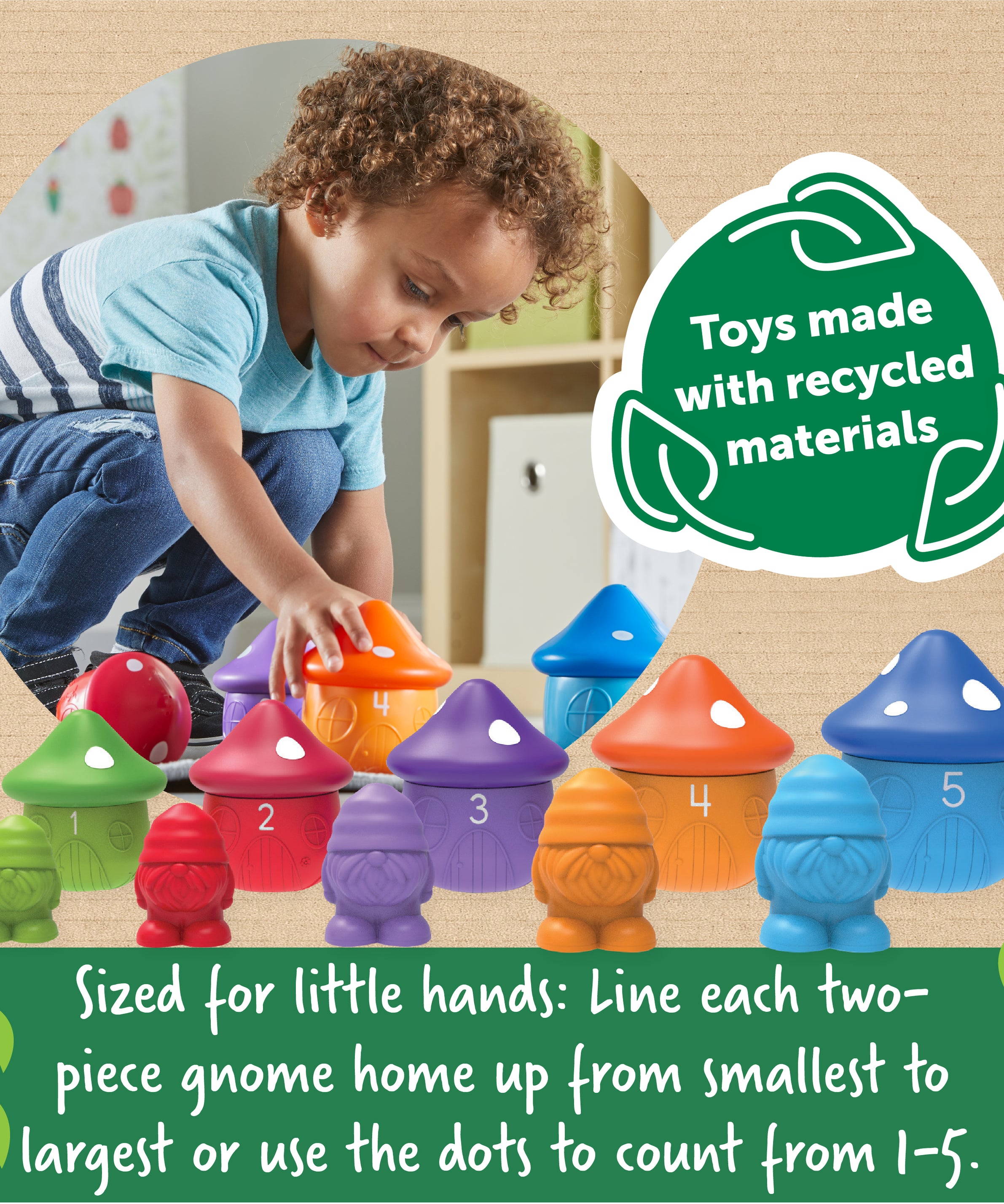 Learning Resources Peekaboo Gnome Homes, Colour, Counting, and Fine Motor Toy Set with 5 Gnomes and Toadstool Houses, Sustainable Learning Toy for Toddlers Ages 18 Months+