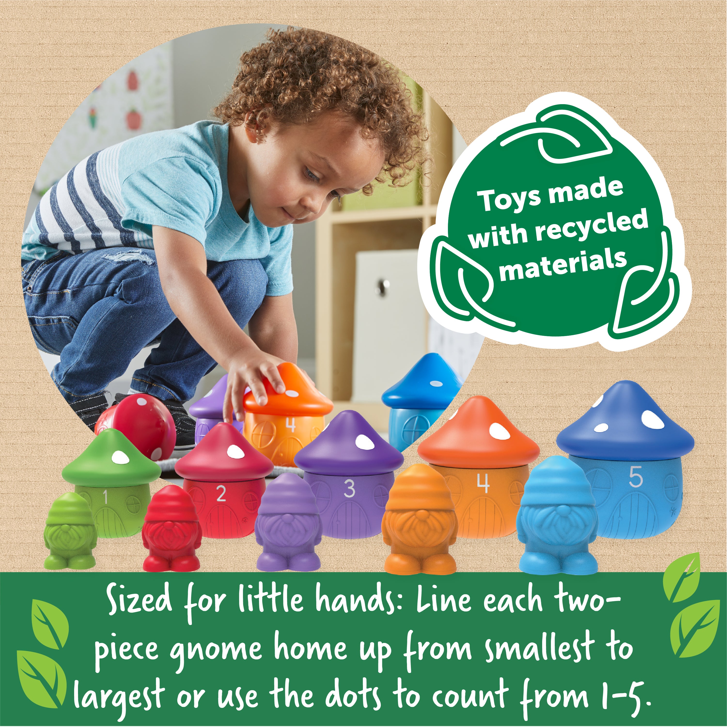 Learning Resources Peekaboo Gnome Homes, Colour, Counting, and Fine Motor Toy Set with 5 Gnomes and Toadstool Houses, Sustainable Learning Toy for Toddlers Ages 18 Months+