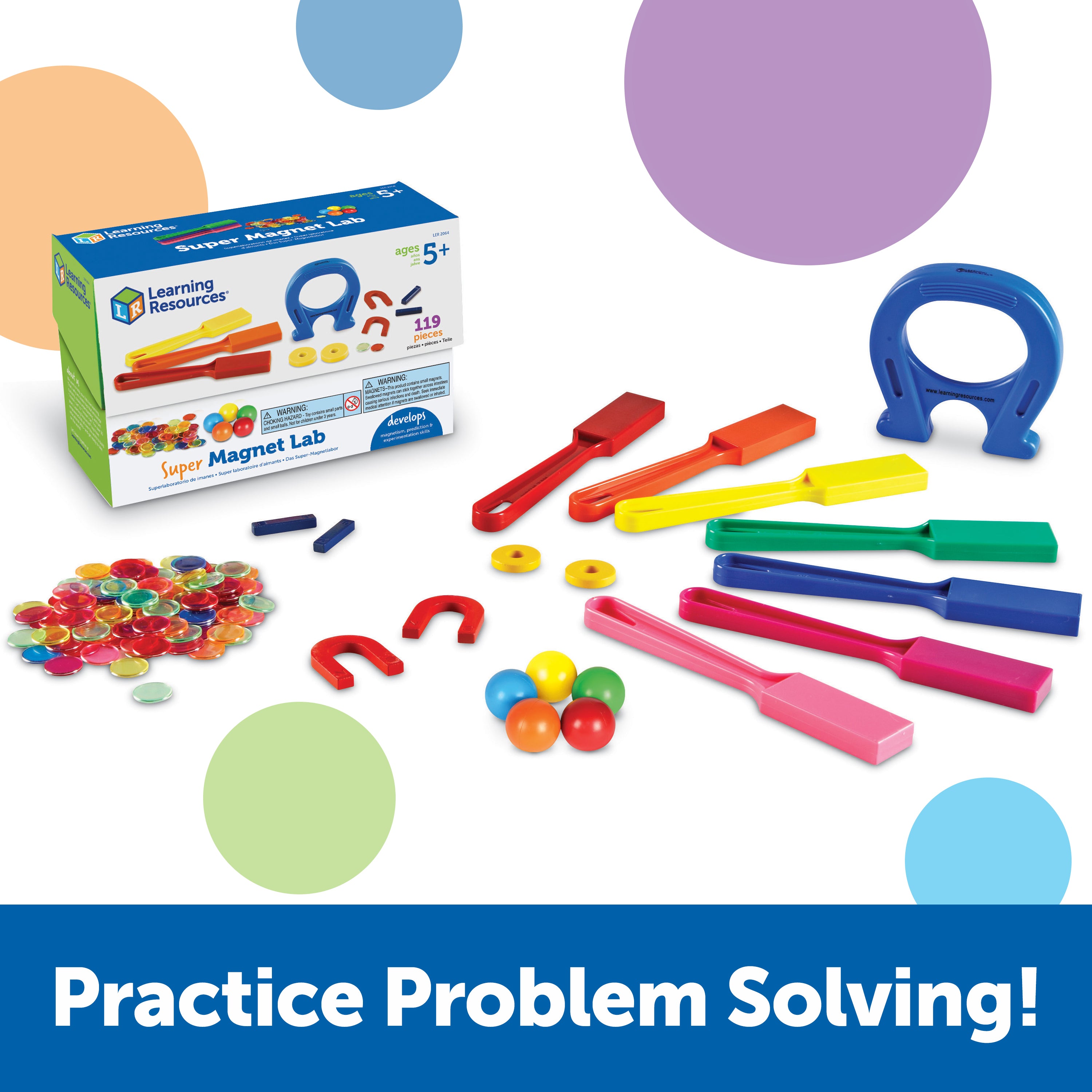 Learning Resources Super Magnet Classroom Lab Kit, 224-Piece Set for Exploring Magnetic Properties, Includes Magnetic Chips, Marbles, Magnets, Wands, and Activity Guide, Ages 5+
