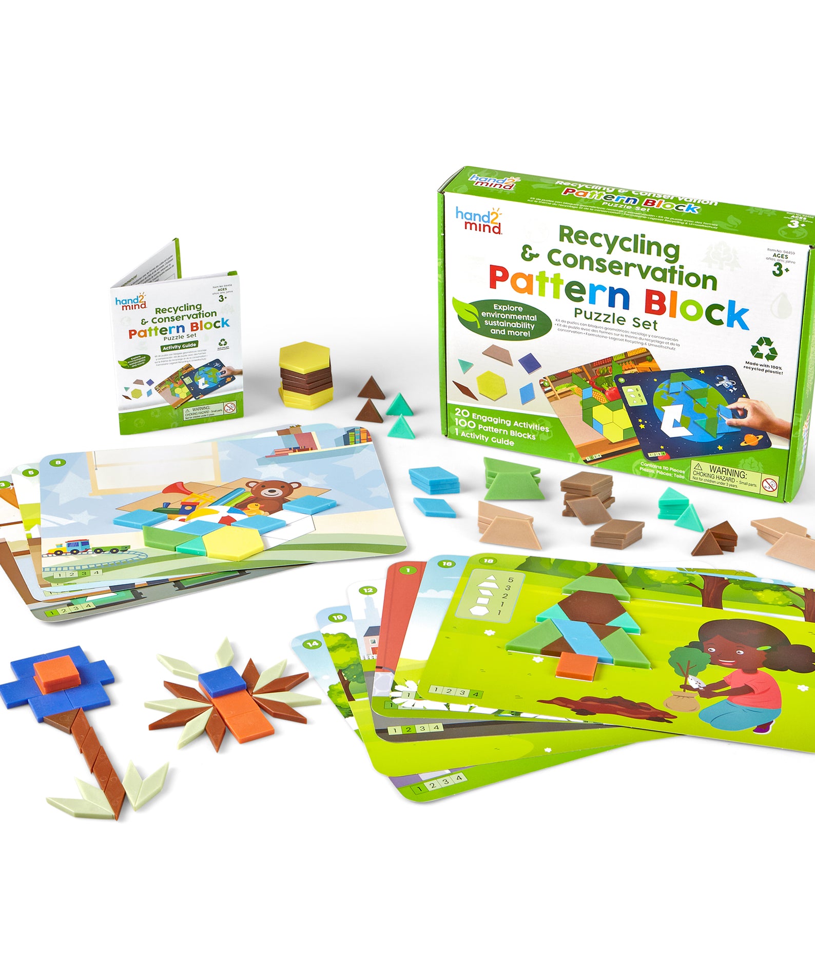 Learning Resources Recycling & Conservation Pattern Block Puzzle Set, 100 Colourful Pattern Blocks, 10 Double-Sided Puzzle Cards, Made from Recycled Plastic, Early Maths & Sustainability Learning, Ages 3+