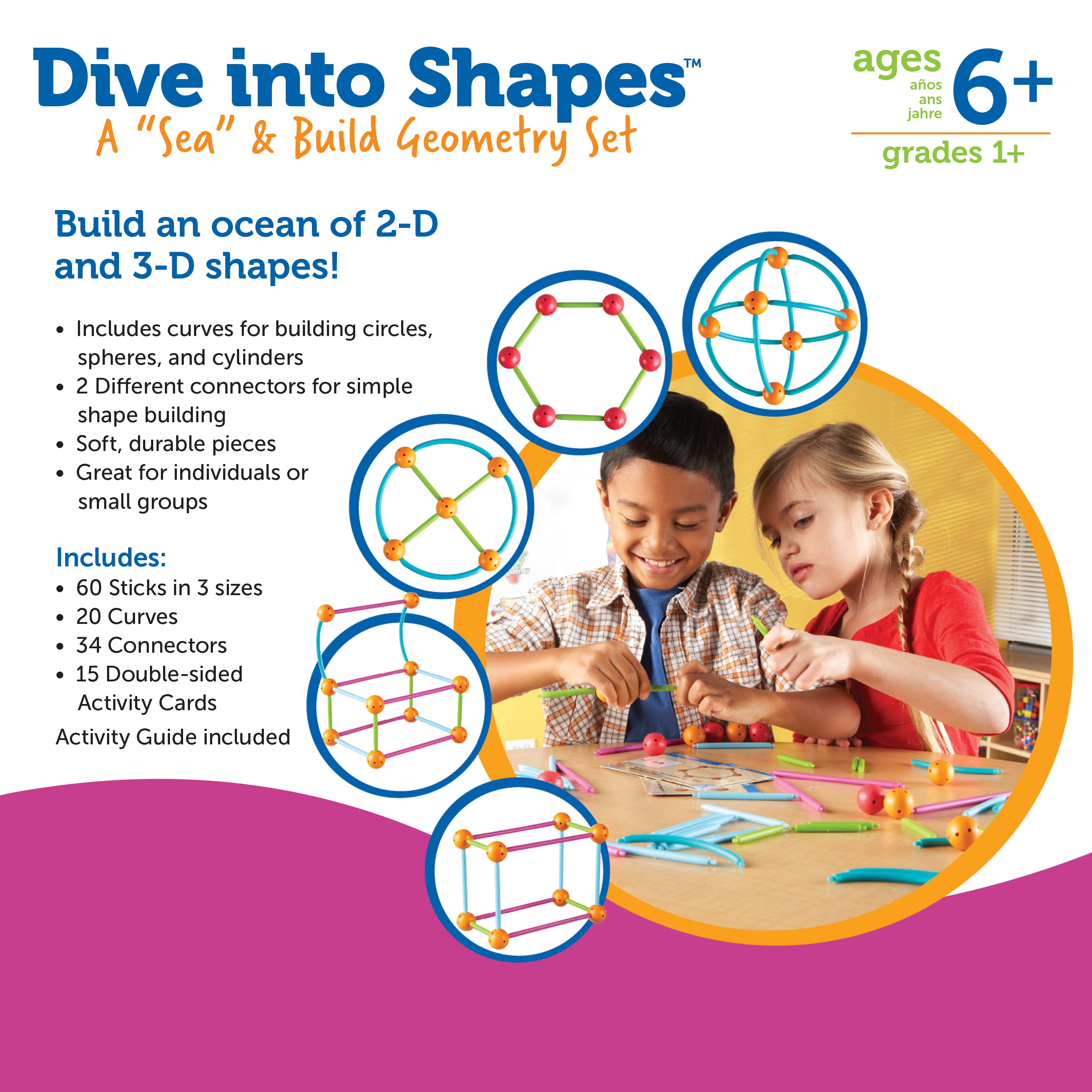 Learning Resources Dive Into Shapes Sea and Build Geometry Set, 2D and 3D Shape Building Kit with Activity Cards, Ages 6 Plus