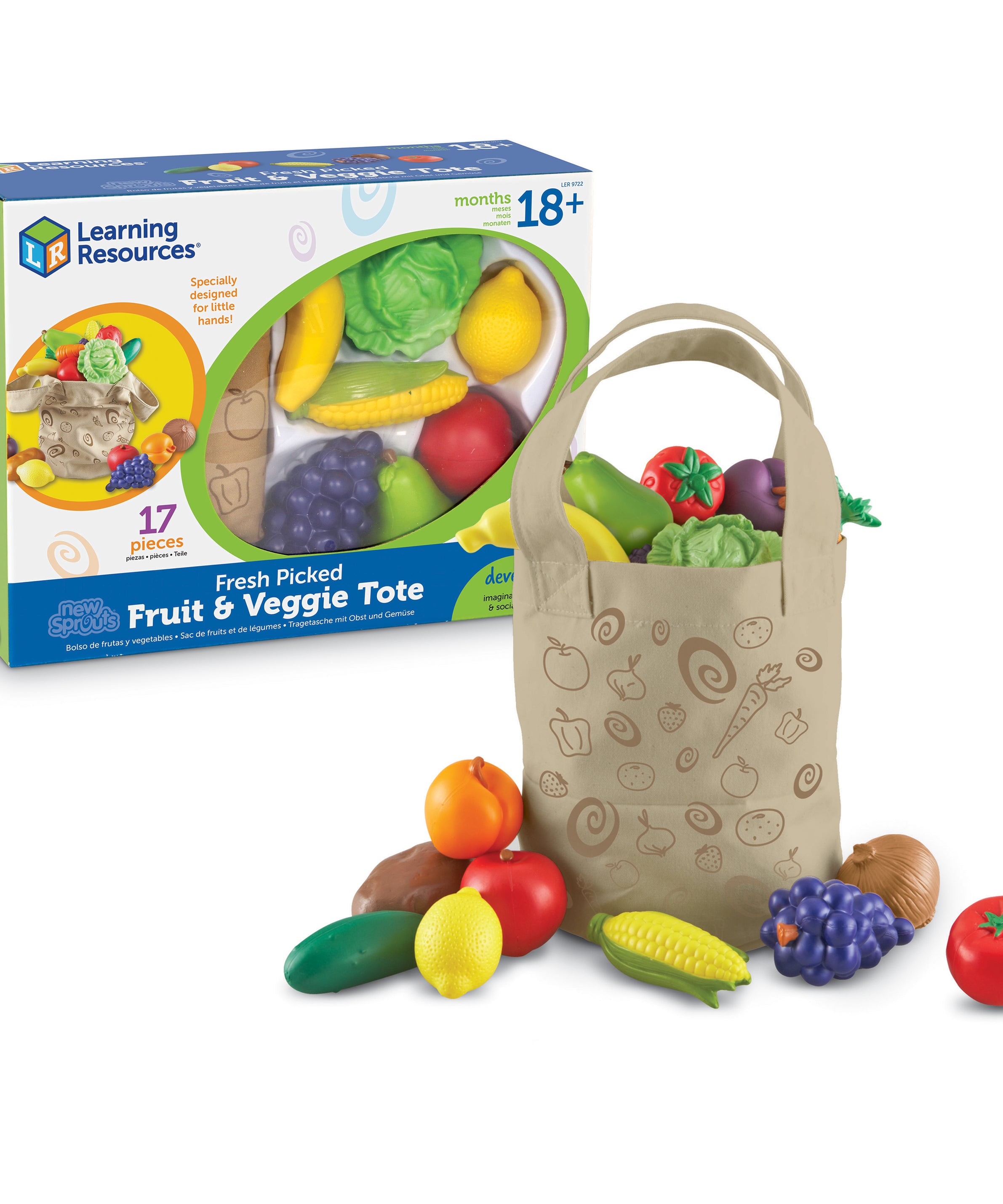 Learning Resources New Sprouts Fruit and Veg Tote, 20 Piece Pretend Food Set for Toddlers, Soft Touch Play Food for Role Play and Healthy Eating, Ages 2+
