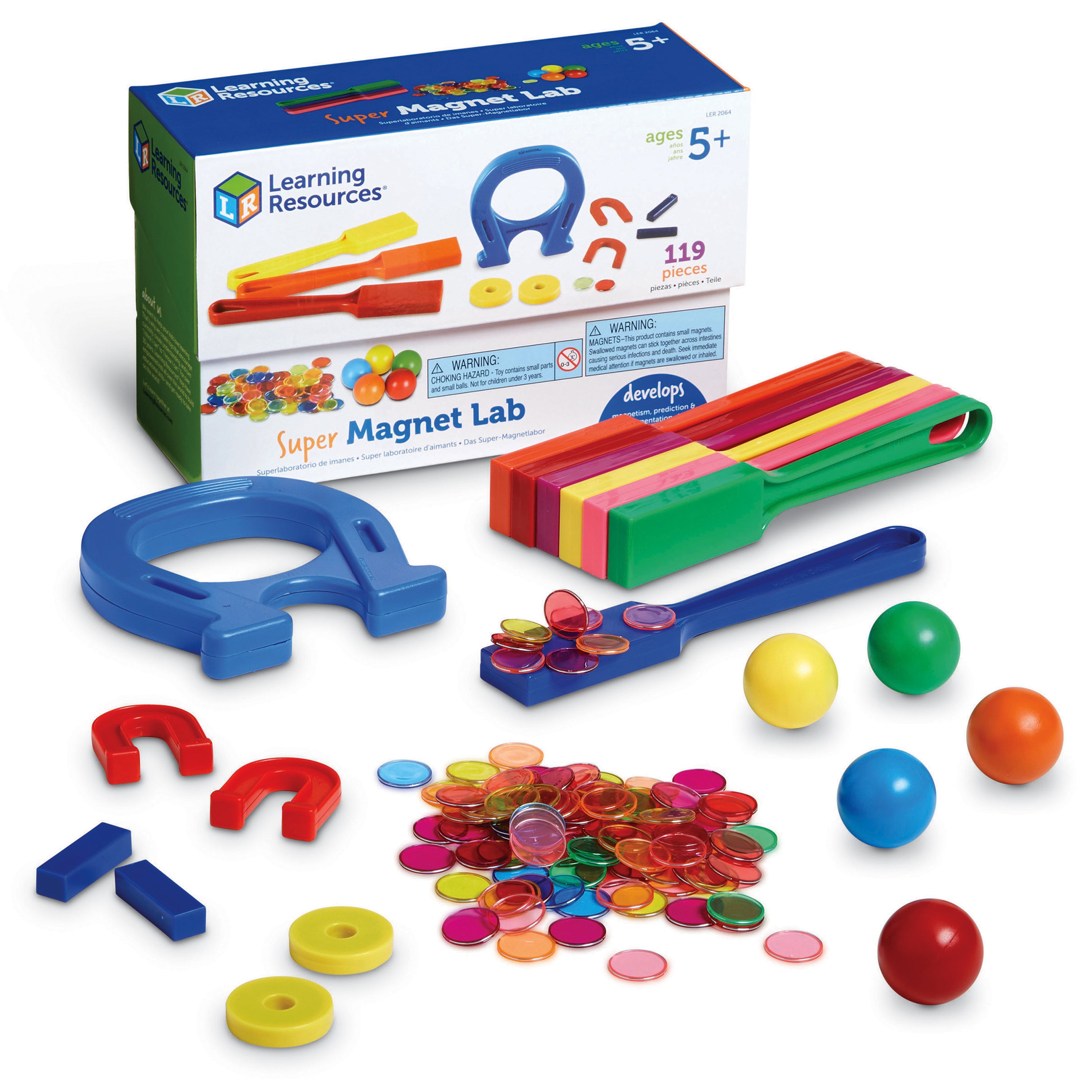 Learning Resources Super Magnet Classroom Lab Kit, 224-Piece Set for Exploring Magnetic Properties, Includes Magnetic Chips, Marbles, Magnets, Wands, and Activity Guide, Ages 5+