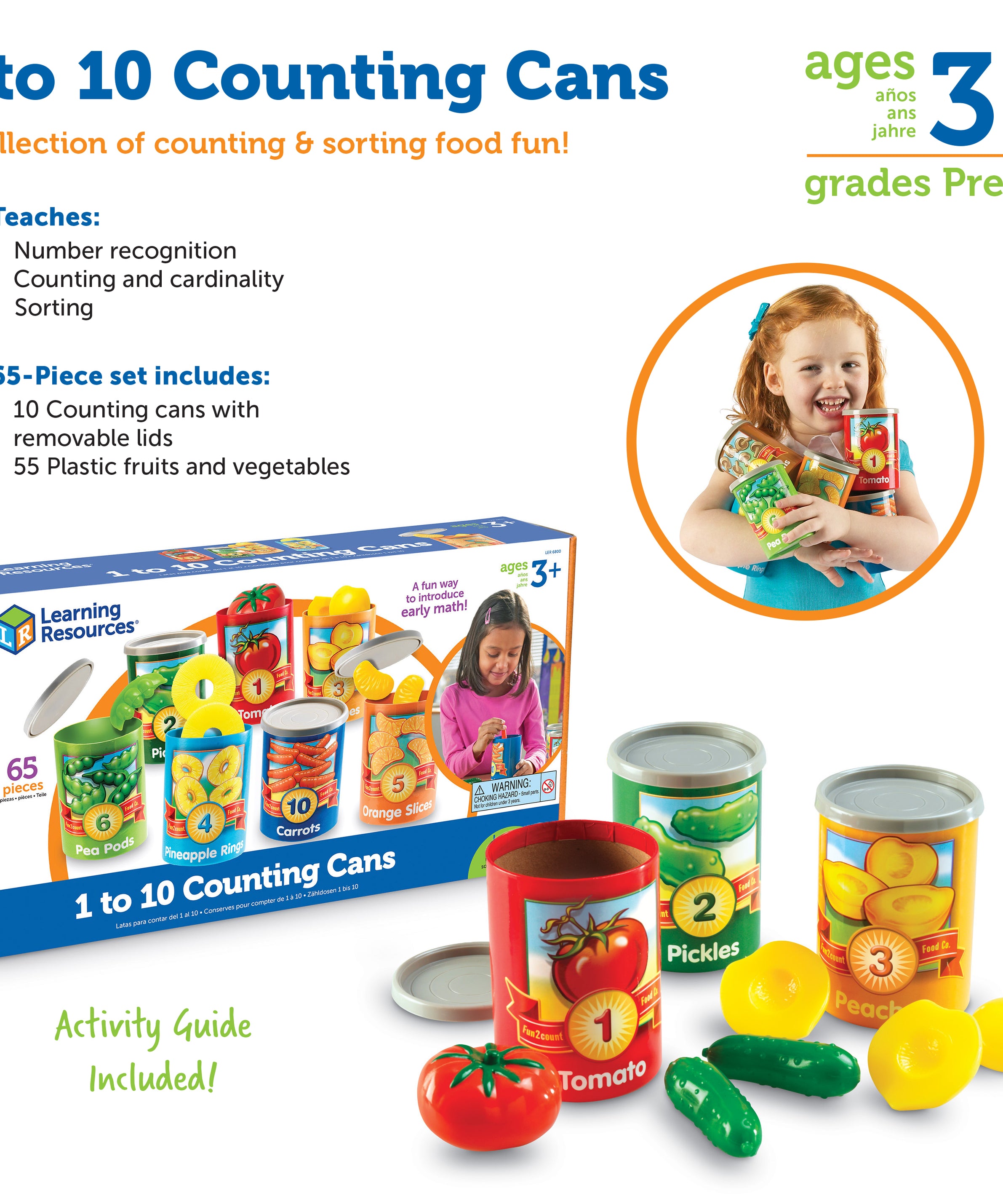 Learning Resources 1 to 10 Counting Cans, Early Years Counting and Sorting Toy with 55 Play Food Pieces, Stackable Storage, Ages 3 Plus