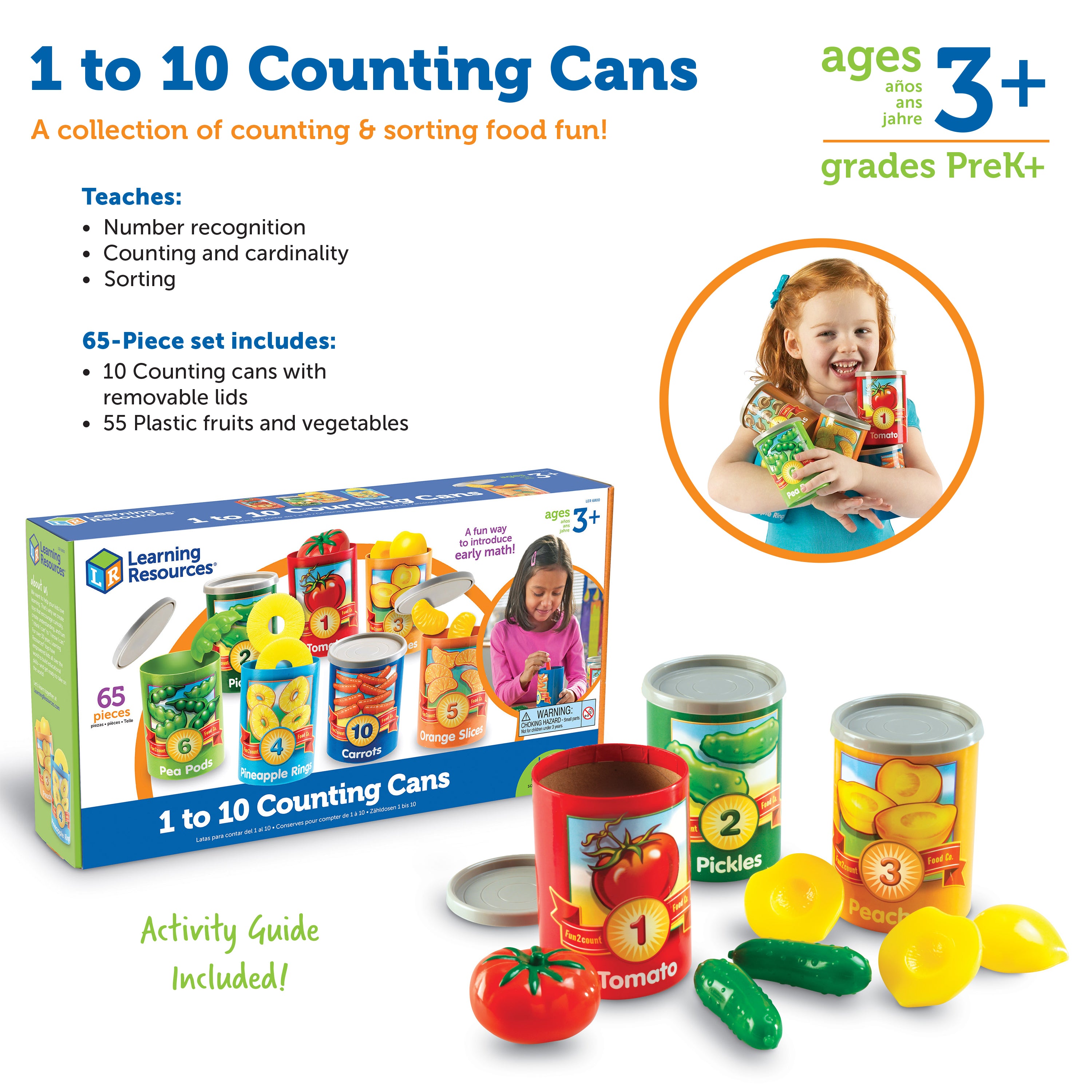 Learning Resources 1 to 10 Counting Cans, Early Years Counting and Sorting Toy with 55 Play Food Pieces, Stackable Storage, Ages 3 Plus