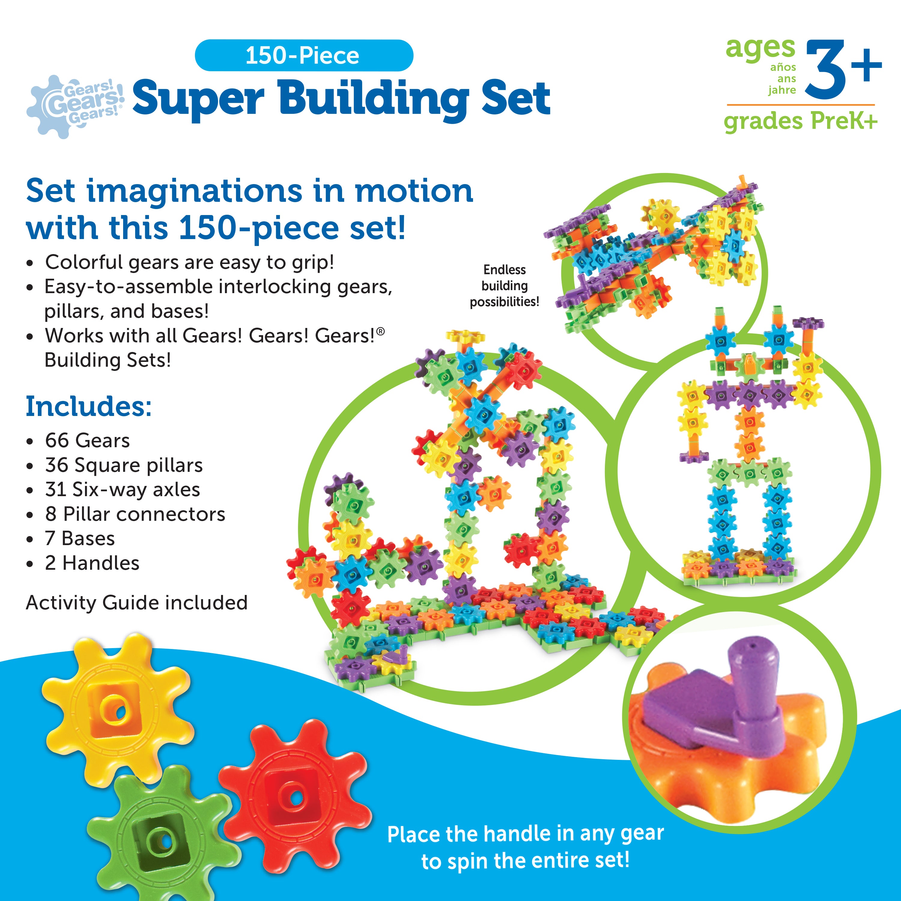 Learning Resources Gears! Gears! Gears! Super Building Set (Set of 150), Hands-On Creativity, Fine Motor Skills Development