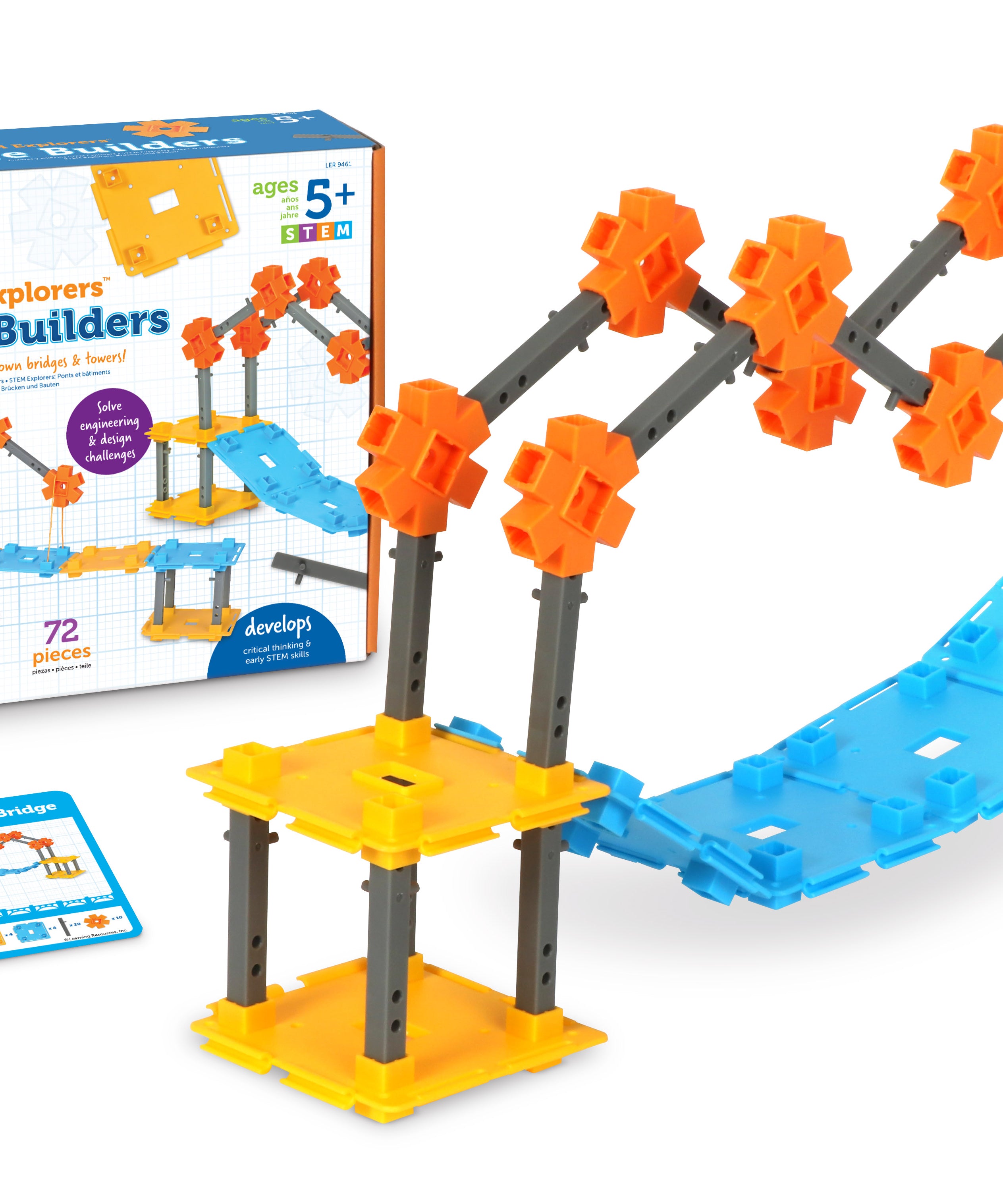 Learning Resources STEM Explorers Bridge Builders, STEM Toys for Kids Ages 5+, Build Bridges and Towers, 9 Engineering Challenges, Critical Thinking Skills, 62 Pieces, Activity Cards