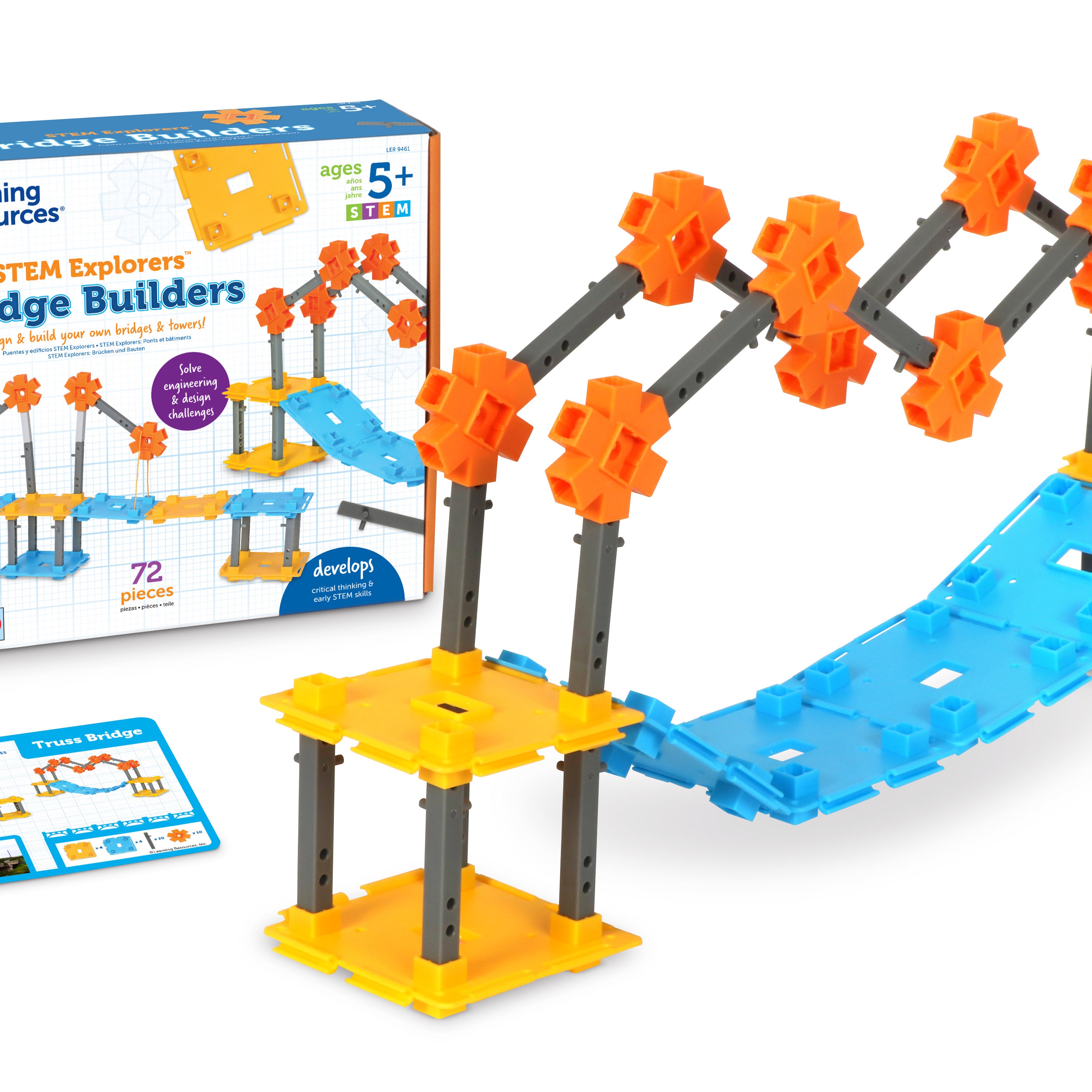 Learning Resources STEM Explorers Bridge Builders, STEM Toys for Kids Ages 5+, Build Bridges and Towers, 9 Engineering Challenges, Critical Thinking Skills, 62 Pieces, Activity Cards