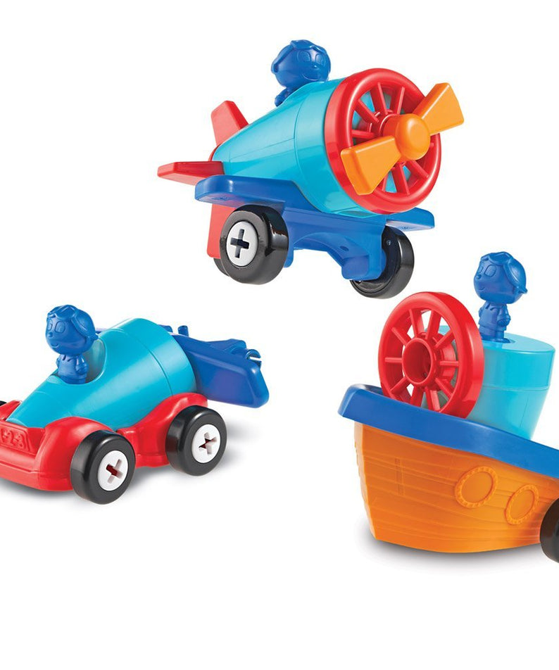 Learning Resources 1-2-3 Build It Car Plane Boat, 3-in-1 Vehicle Construction Toy for Toddlers, Fine Motor Skills and Early Engineering Play, Ages 2+