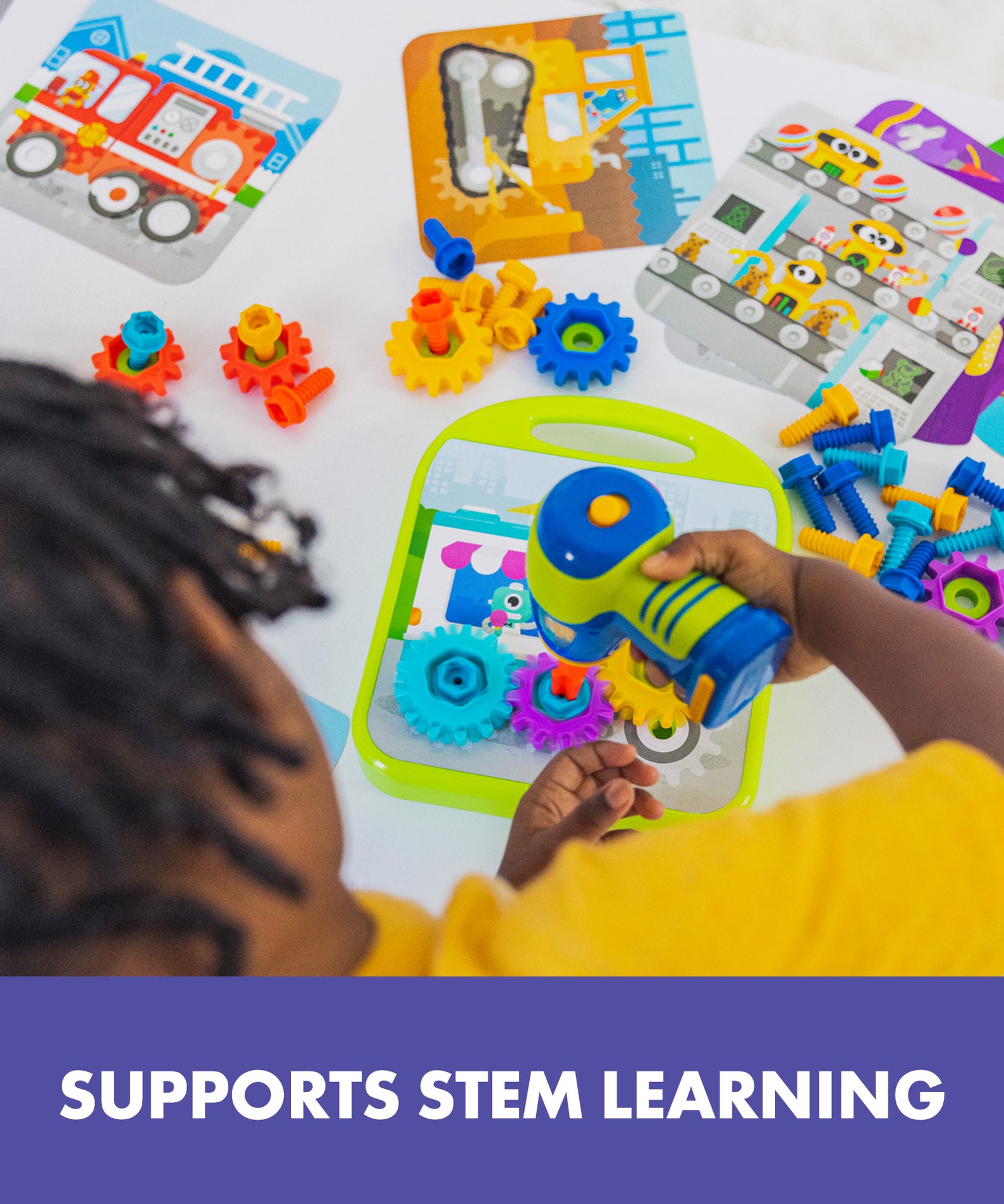 Learning Resources Design and Drill Gears Workshop, STEM Construction Toy with Power Drill, Gears, Bolts, and Activity Board, Builds Fine Motor Skills and Early Engineering Concepts, Ages 3 and Up