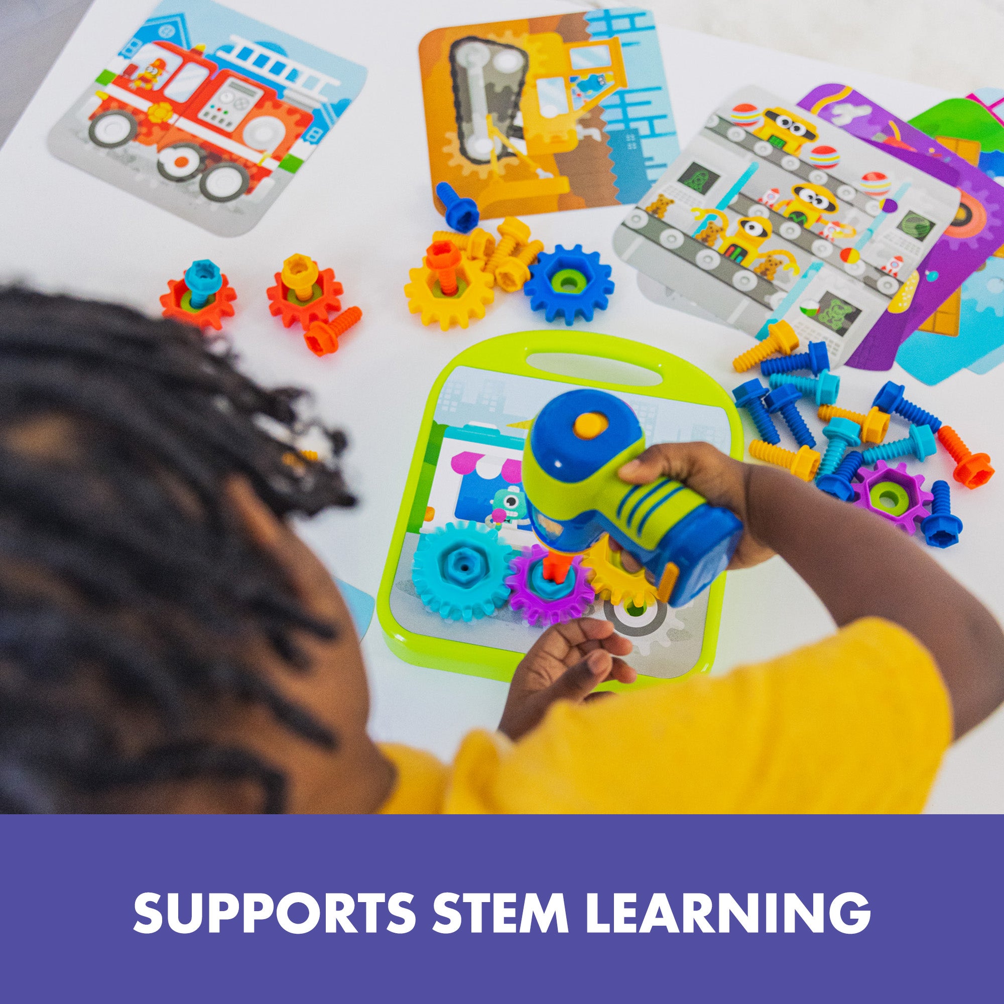 Learning Resources Design and Drill Gears Workshop, STEM Construction Toy with Power Drill, Gears, Bolts, and Activity Board, Builds Fine Motor Skills and Early Engineering Concepts, Ages 3 and Up