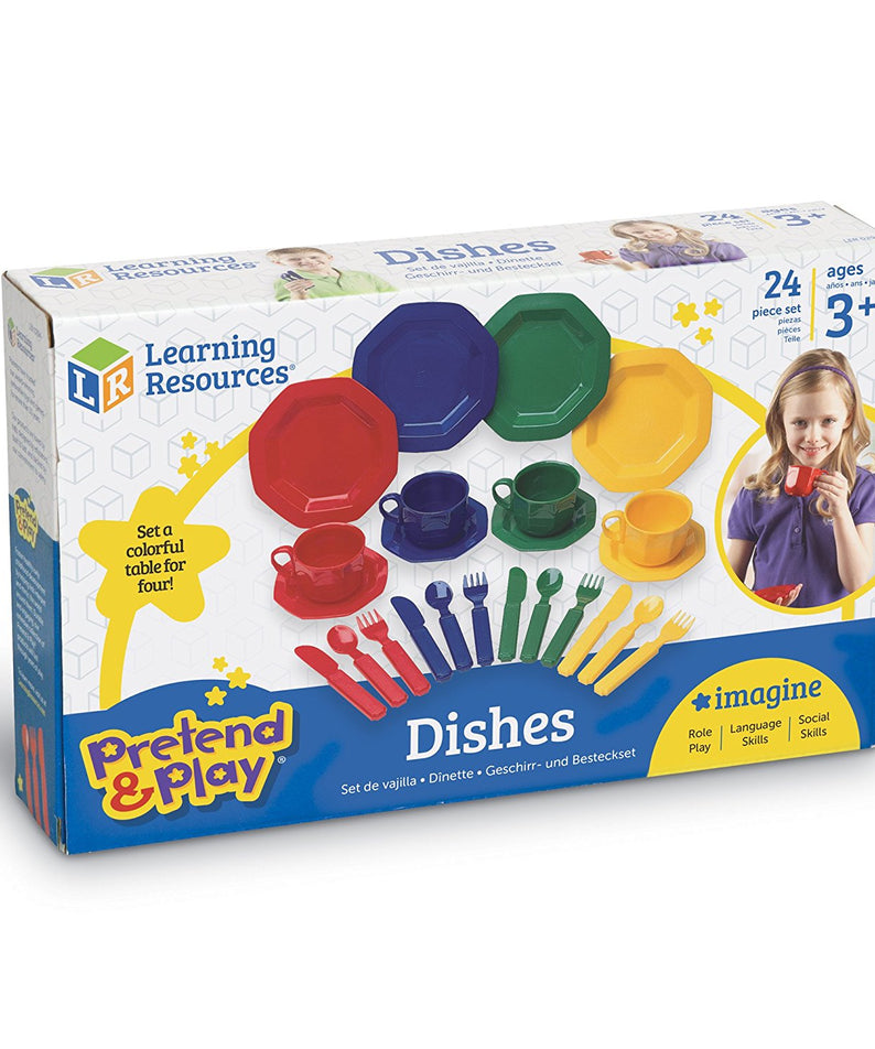 Learning Resources Play Dishes, 24-Piece Colourful Kitchen Toy Plate Set for Kids, Pretend Play Tableware for Toddlers, Durable Plastic, Ages 3+