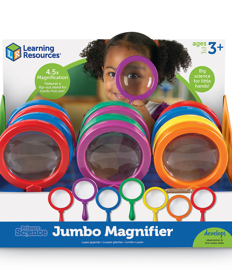 Learning Resources Jumbo Magnifiers, Set of 12 Extra-Large Handheld Magnifying Glasses with Built-In Stands, 4.5x Magnification, Ideal for STEM Exploration and Early Science, Ages 3+