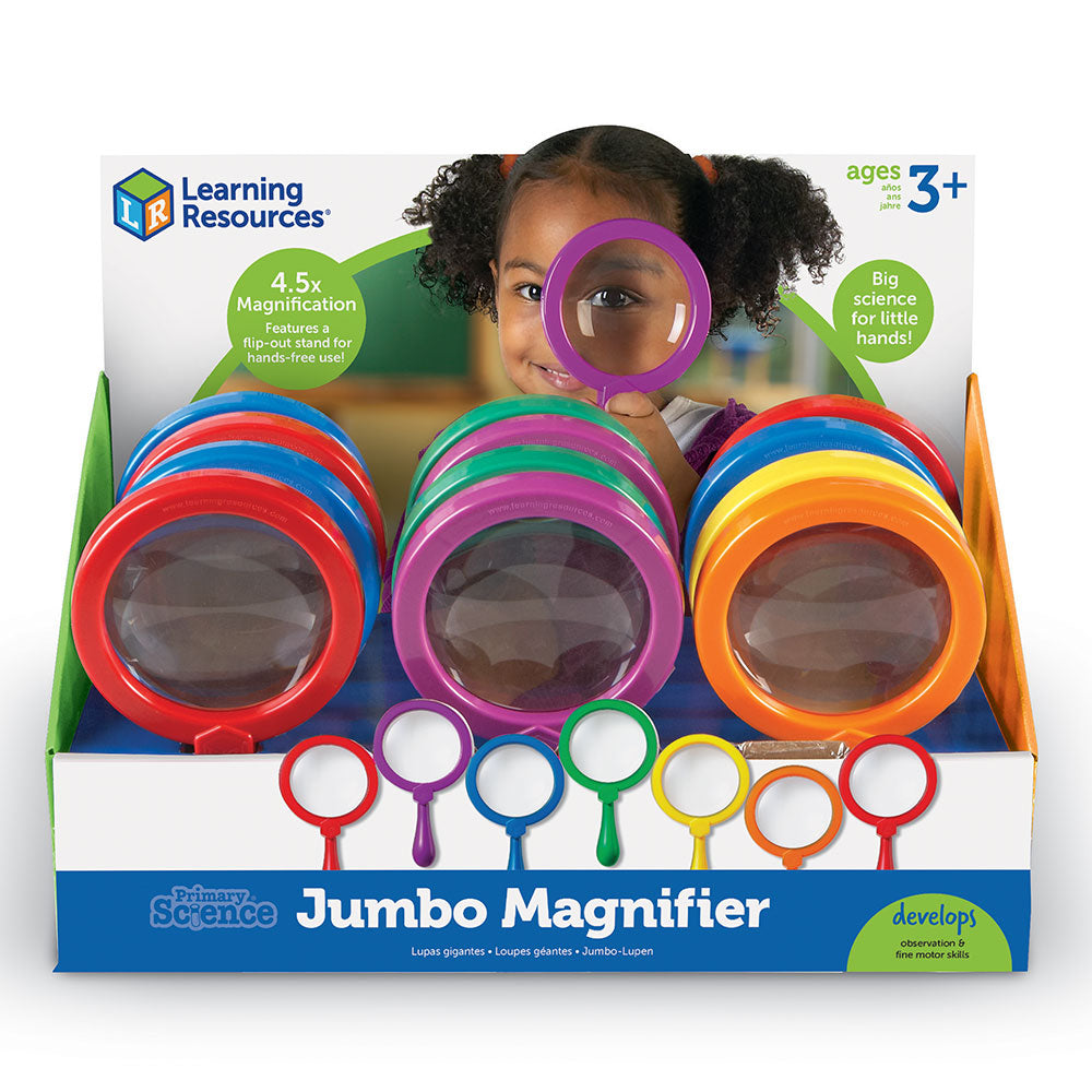Learning Resources Jumbo Magnifiers, Set of 12 Extra-Large Handheld Magnifying Glasses with Built-In Stands, 4.5x Magnification, Ideal for STEM Exploration and Early Science, Ages 3+