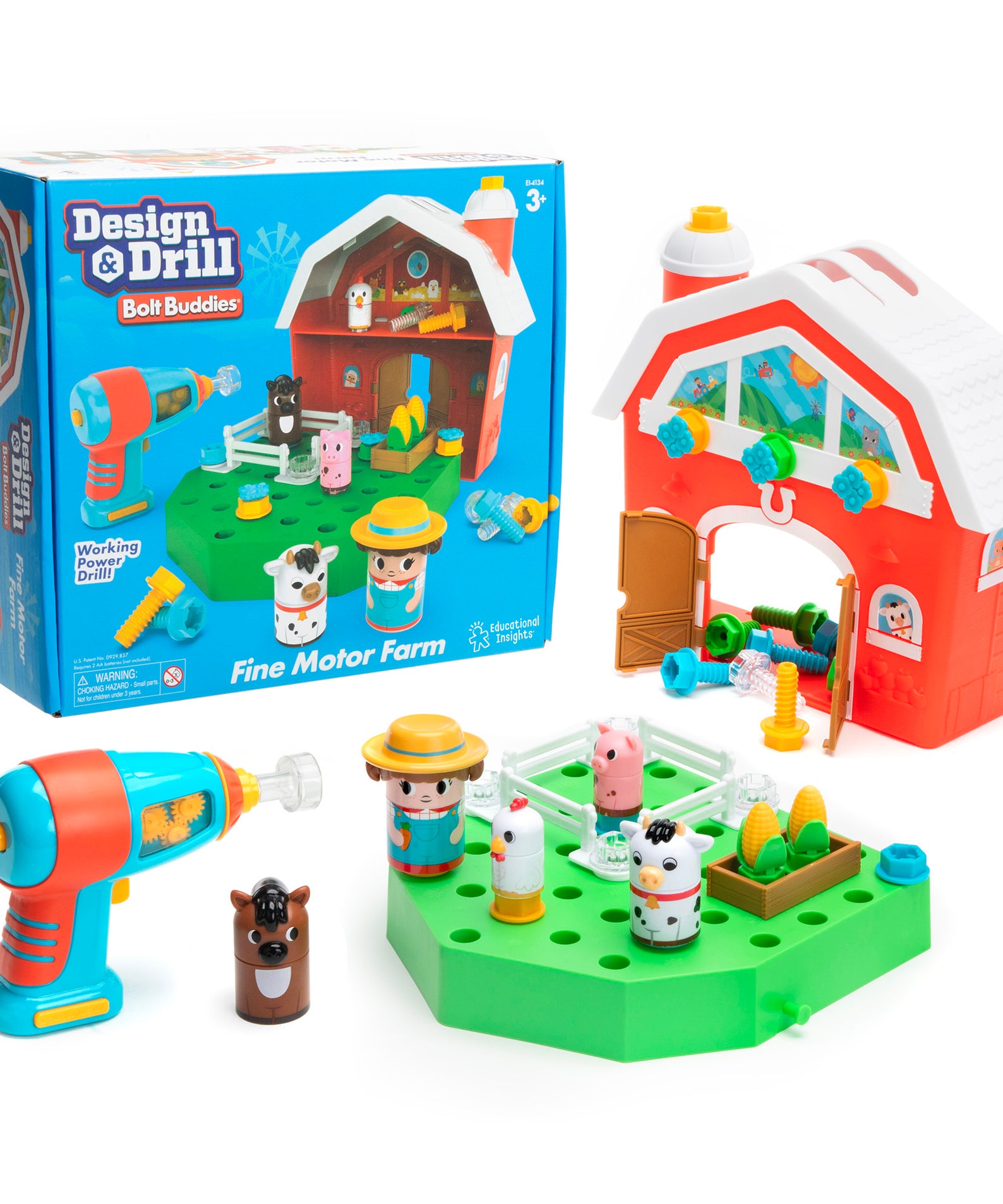 Learning Resources Design & Drill Bolt Buddies Barn, STEM Construction Toy with Kid-Safe Power Drill, Fine Motor Farm Playset for Ages 3+