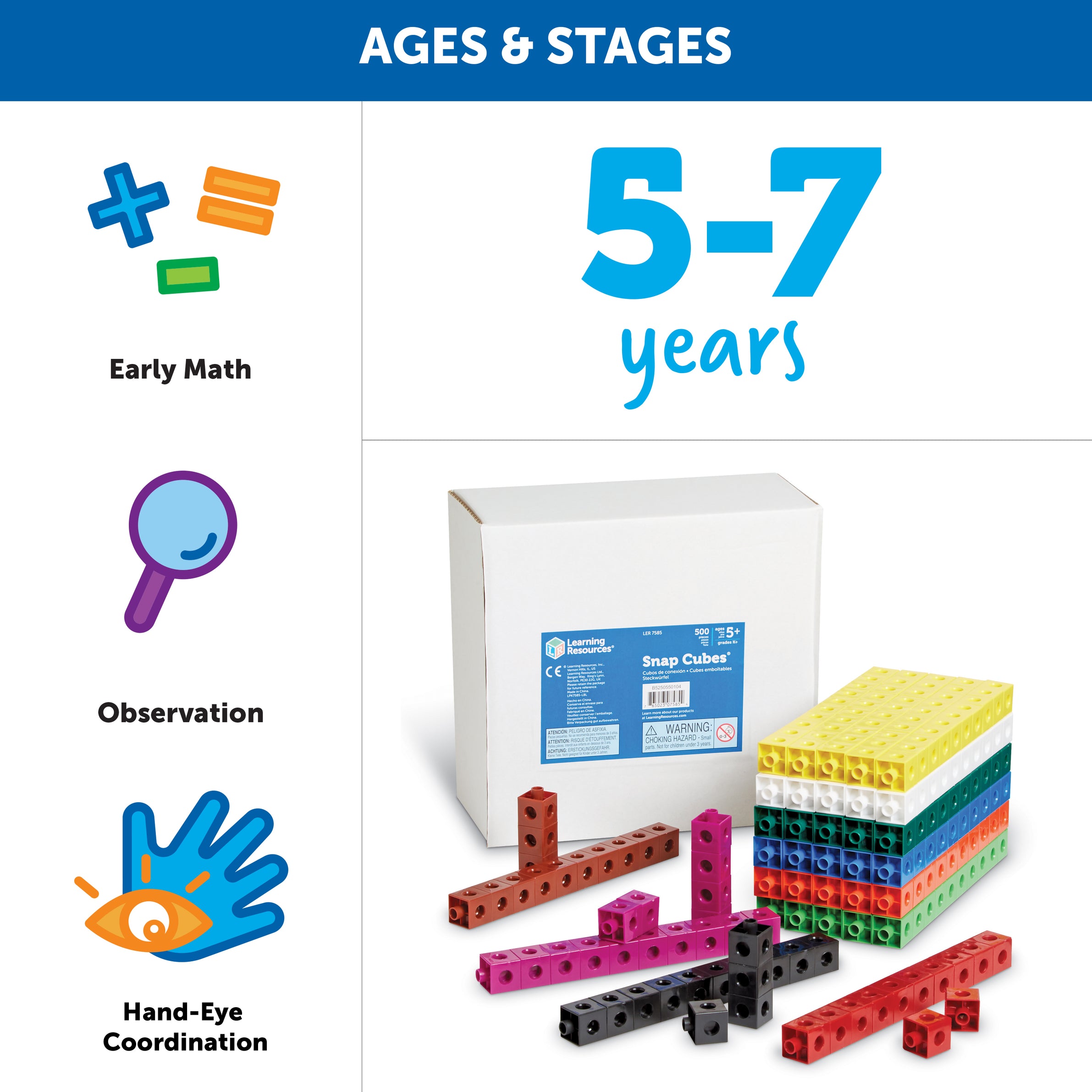 Learning Resources Snap Cubes (Set of 500), Colorful Interlocking Maths Counters, Classroom Teaching Aids for Kids, Ages 5+, Math Learning Tools