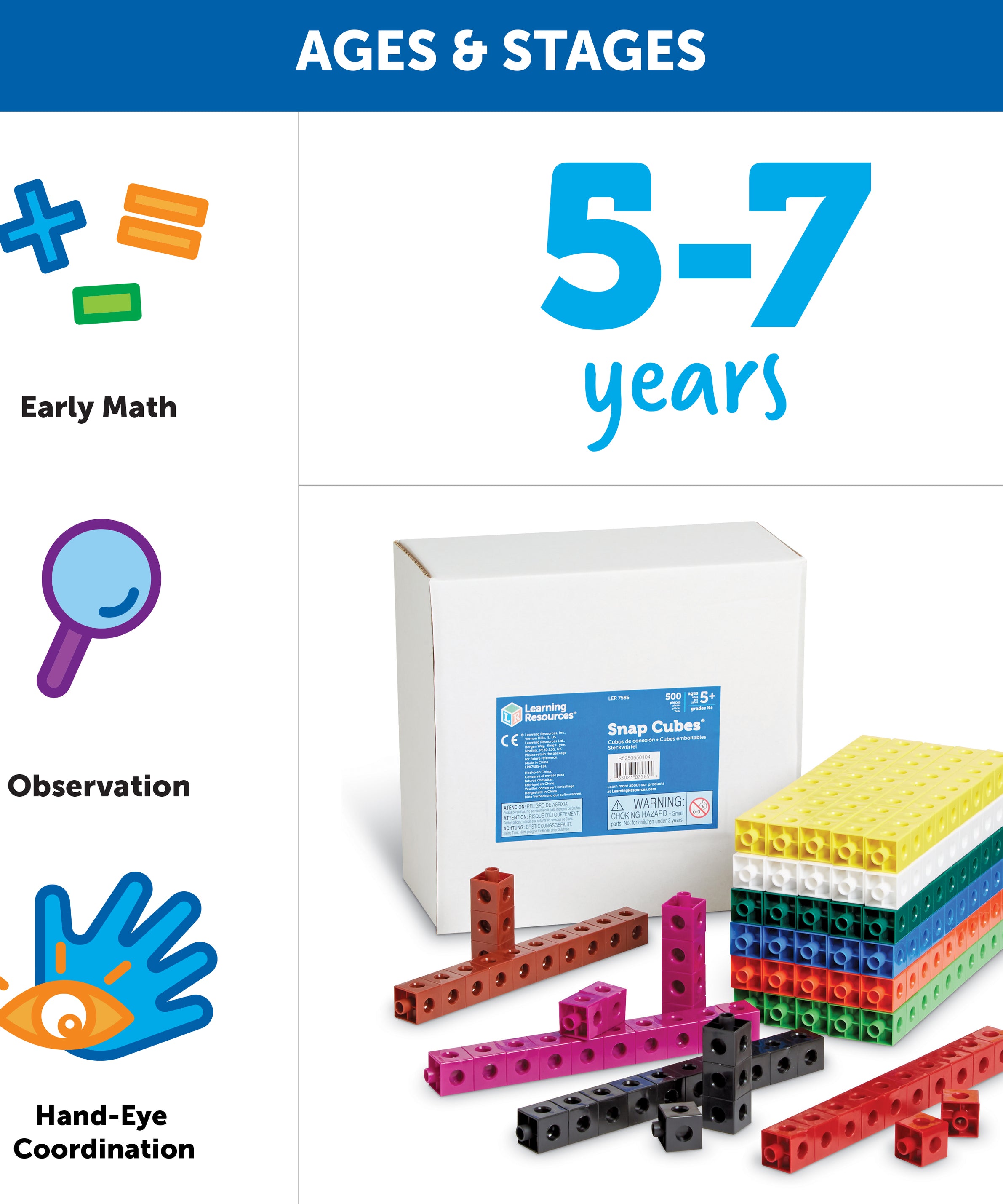 Learning Resources Snap Cubes (Set of 500), Colorful Interlocking Maths Counters, Classroom Teaching Aids for Kids, Ages 5+, Math Learning Tools