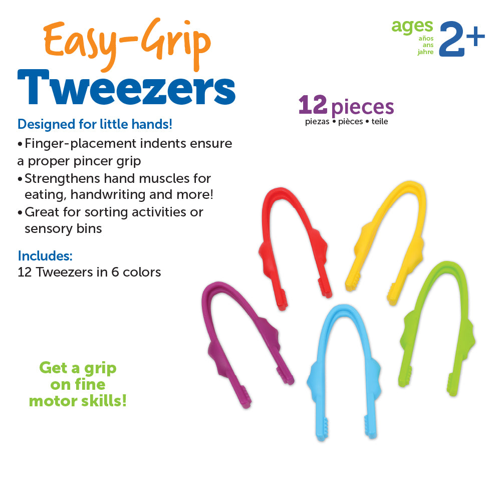 Learning Resources Easy-Grip Tweezers for Kids, Fine Motor Skill Development Tools for Preschool and Sensory Play, Set of 12 with Storage Tub, Ages 2 Plus