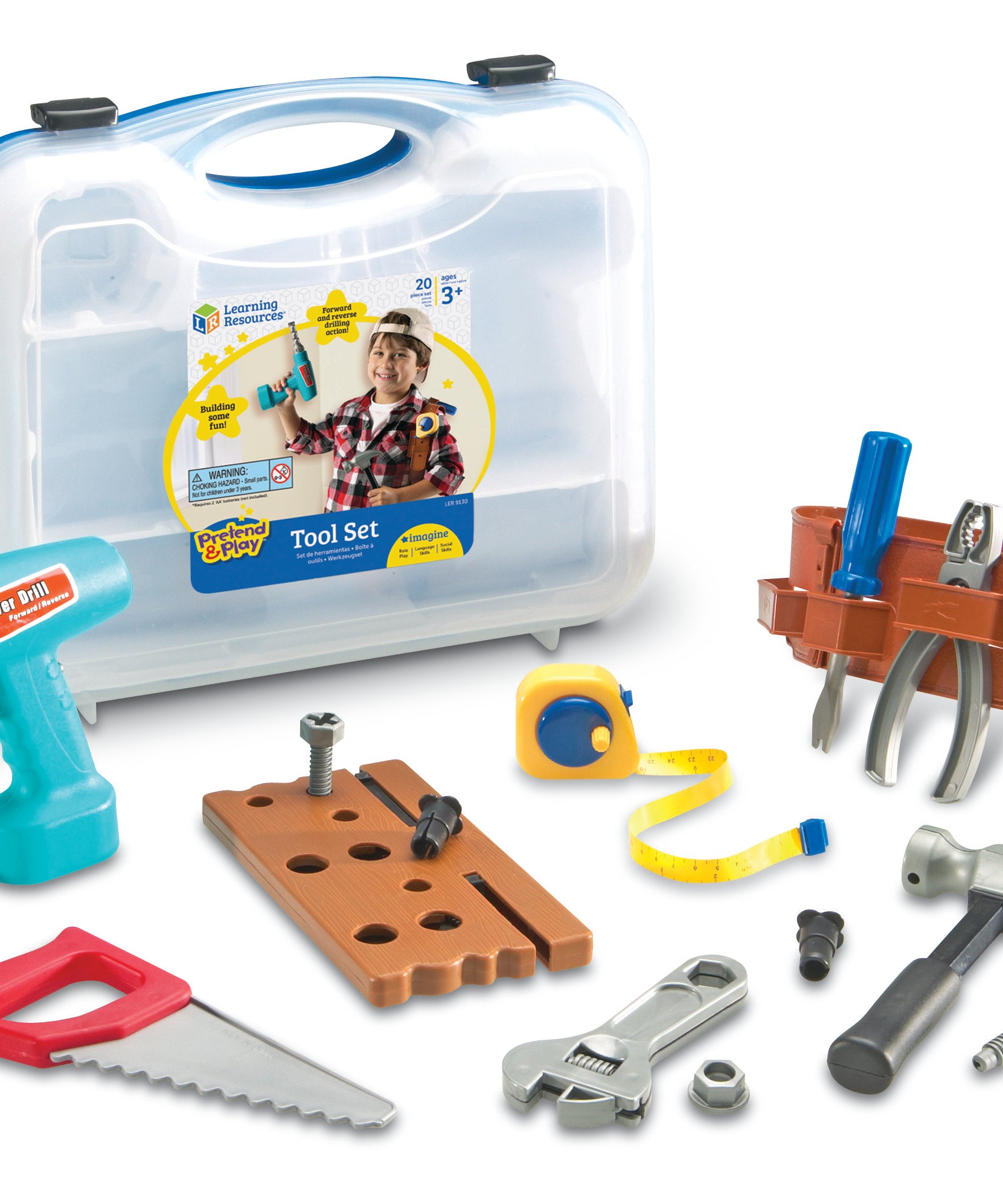Learning Resources Pretend & Play Work Belt Tool Set, Kids Tool Kit with Battery-Powered Drill and Carry Case, Imaginative Role Play for Ages 3+