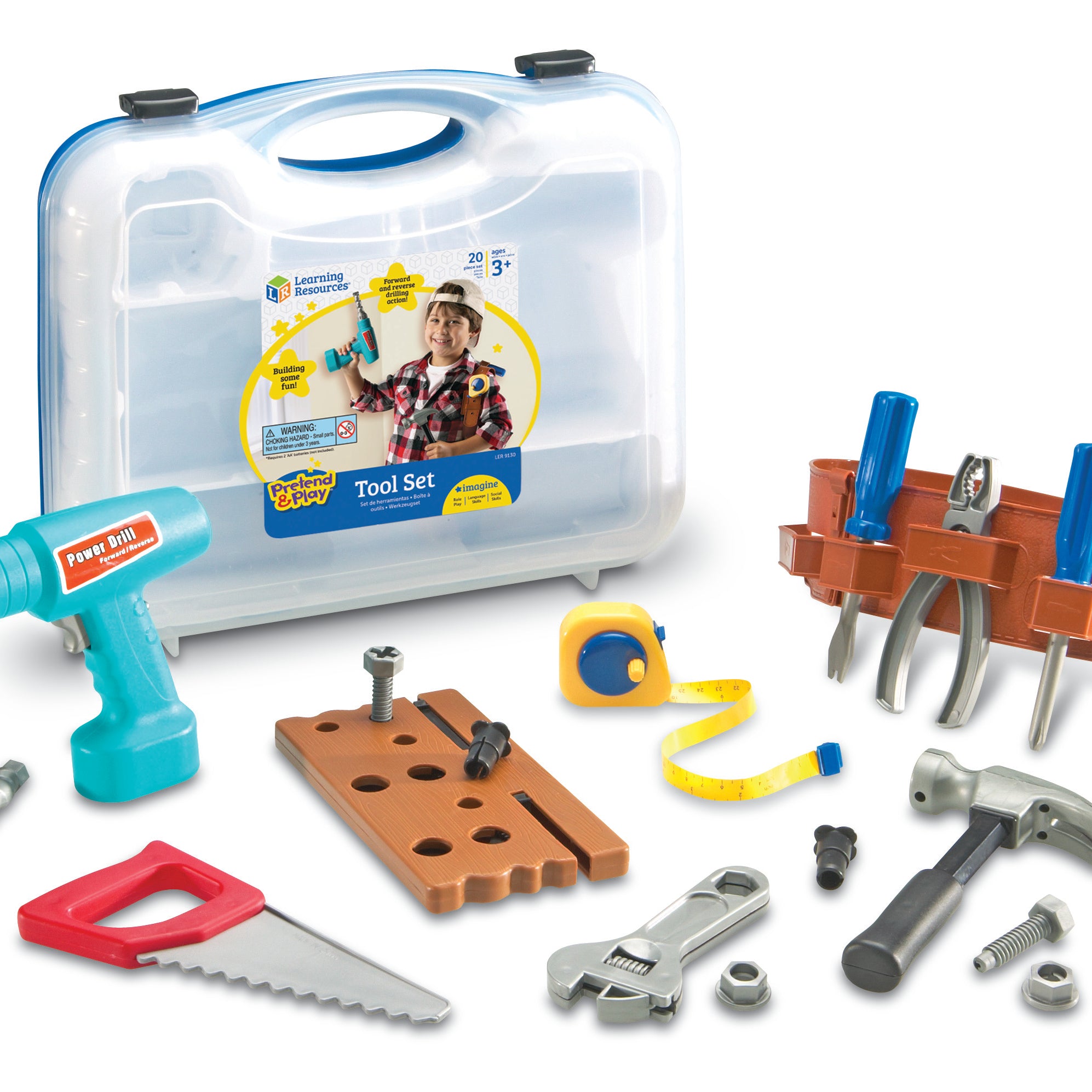 Learning Resources Pretend & Play Work Belt Tool Set, Kids Tool Kit with Battery-Powered Drill and Carry Case, Imaginative Role Play for Ages 3+