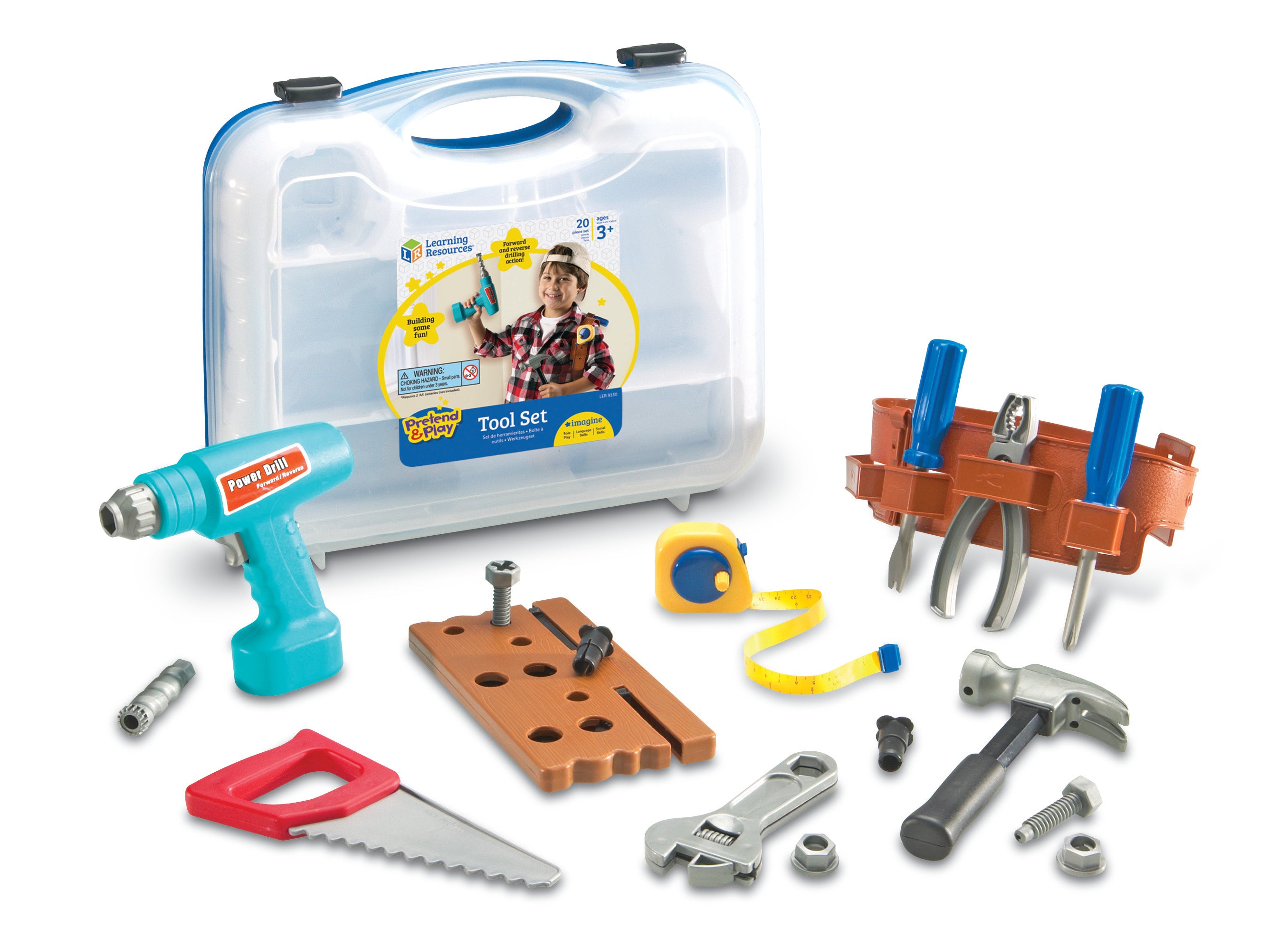 Learning Resources Pretend & Play Work Belt Tool Set, Kids Tool Kit with Battery-Powered Drill and Carry Case, Imaginative Role Play for Ages 3+