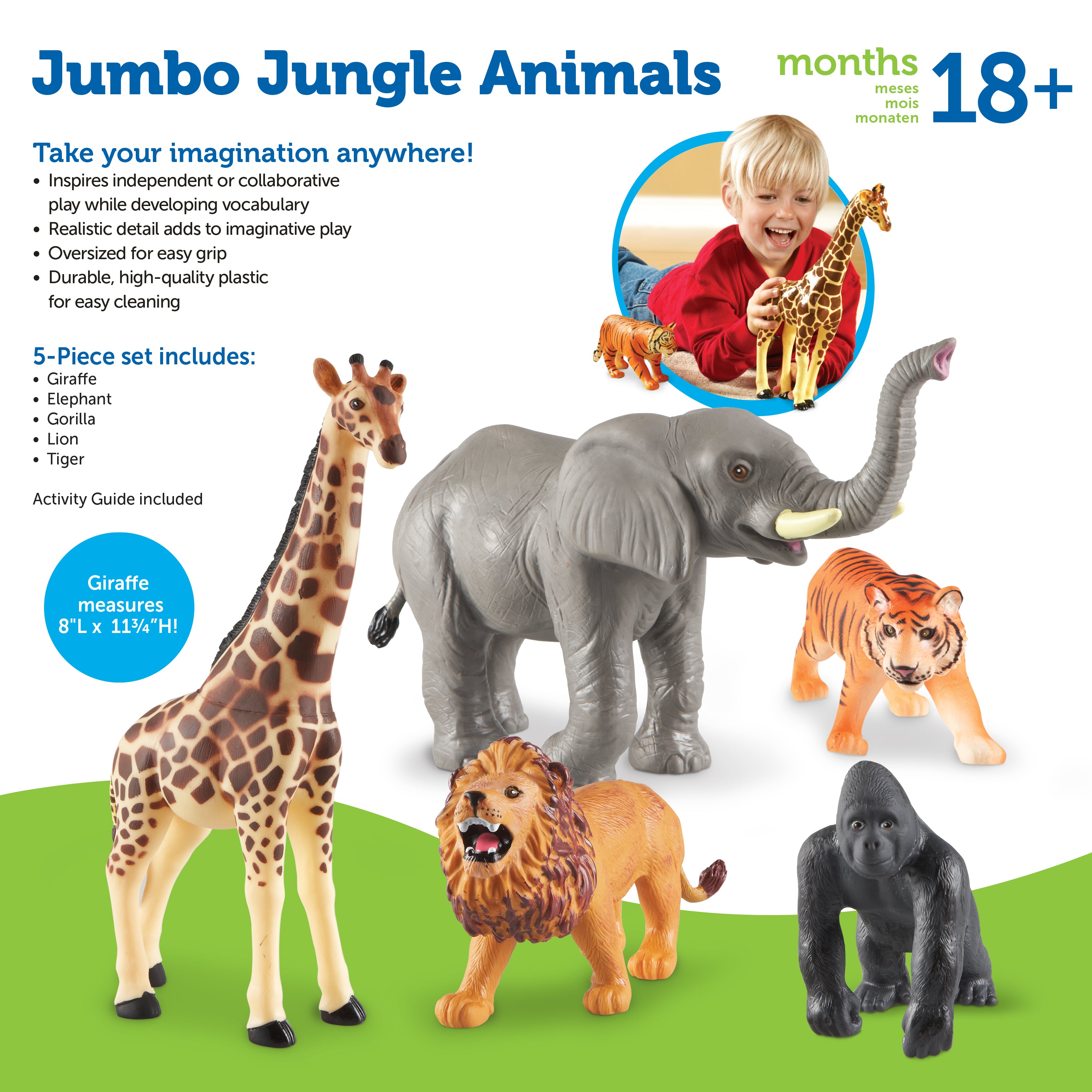 Learning Resources Jumbo Jungle Animals Toy Set, 5-Piece Realistic Wild Animal Figures for Kids Imaginative Play and Early Learning