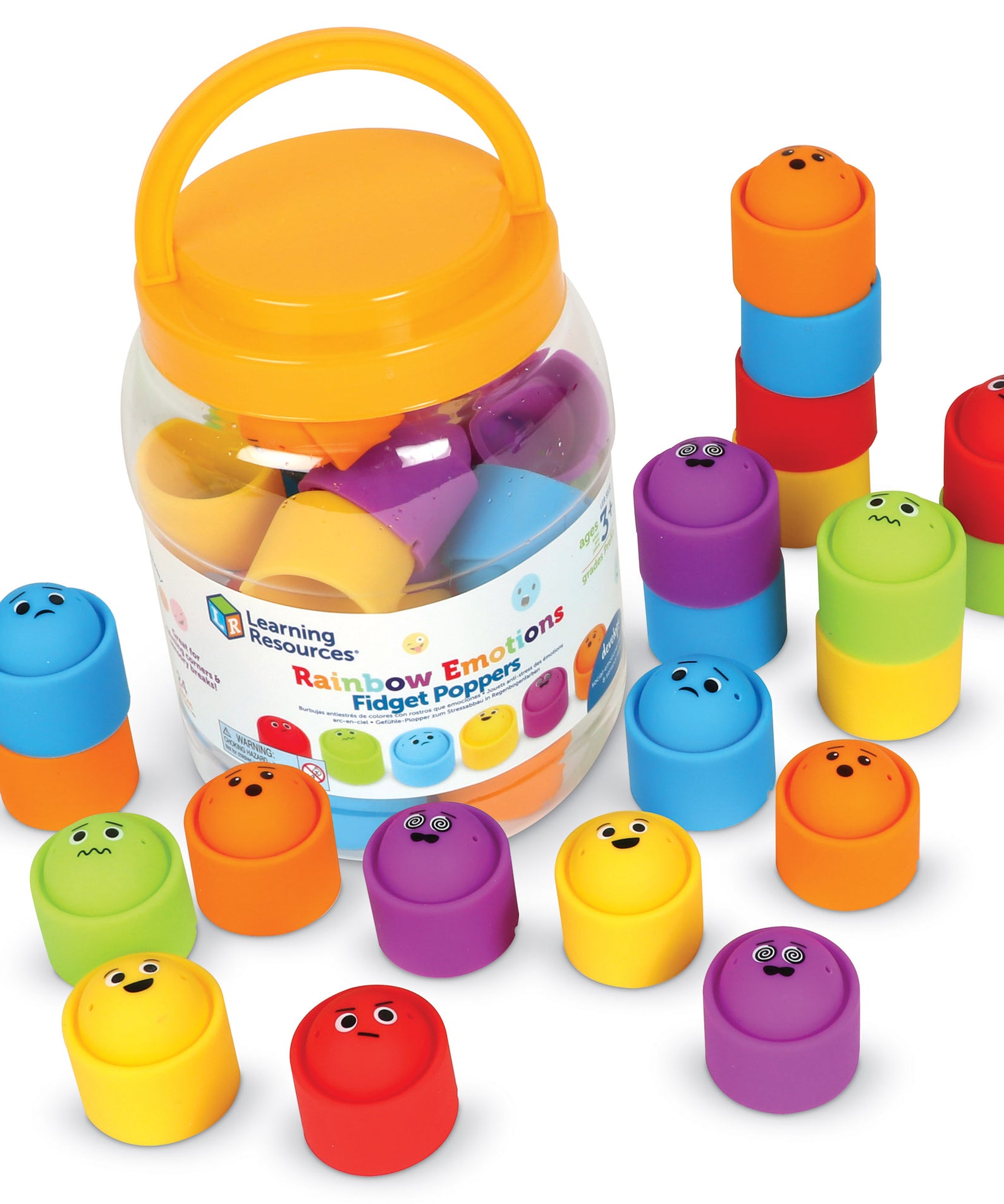 Learning Resources Rainbow Emotions Fidget Poppers, Set of 24 Stackable Sensory Poppers with Emotion Faces, Includes Storage Tub, Ages 3 Plus