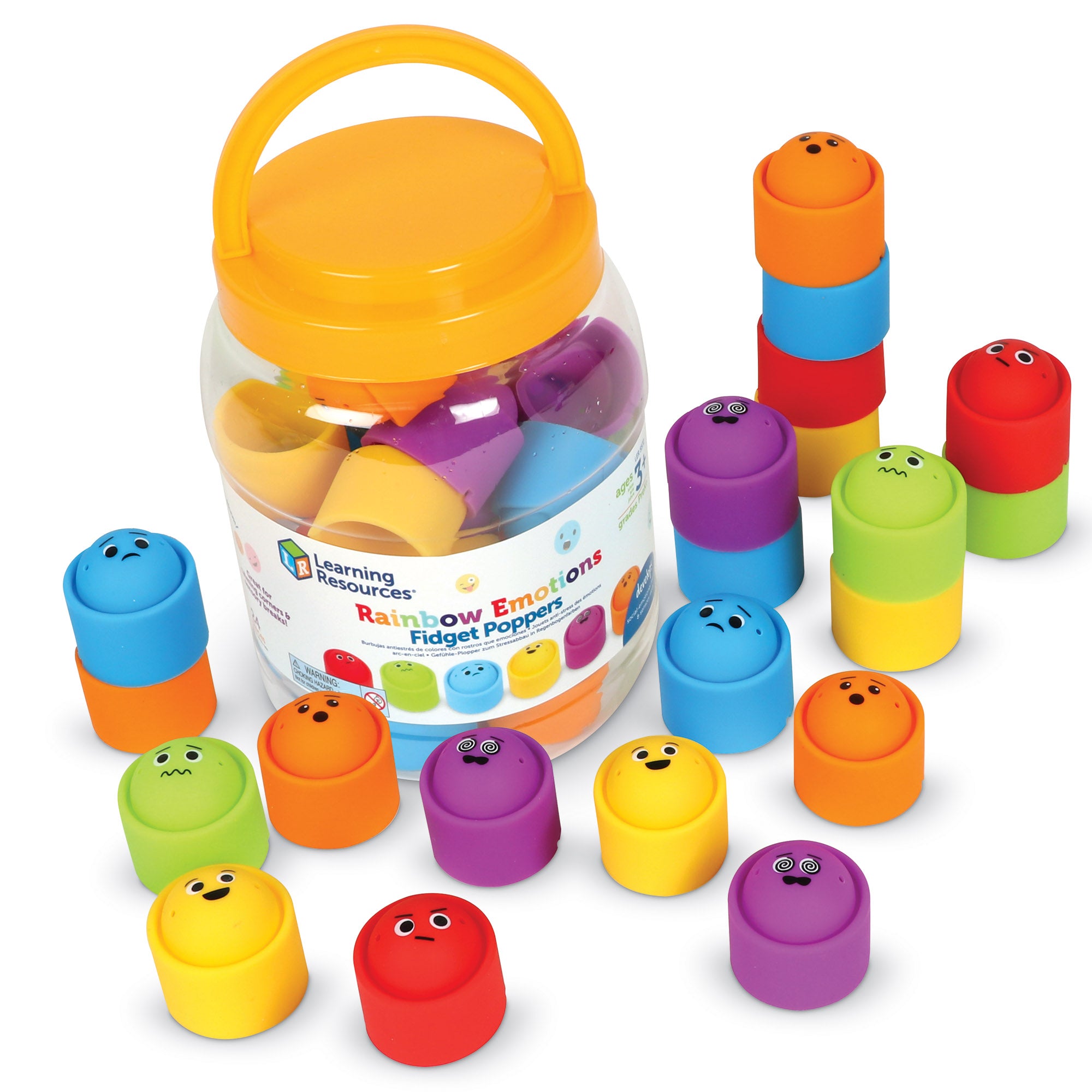 Learning Resources Rainbow Emotions Fidget Poppers, Set of 24 Stackable Sensory Poppers with Emotion Faces, Includes Storage Tub, Ages 3 Plus