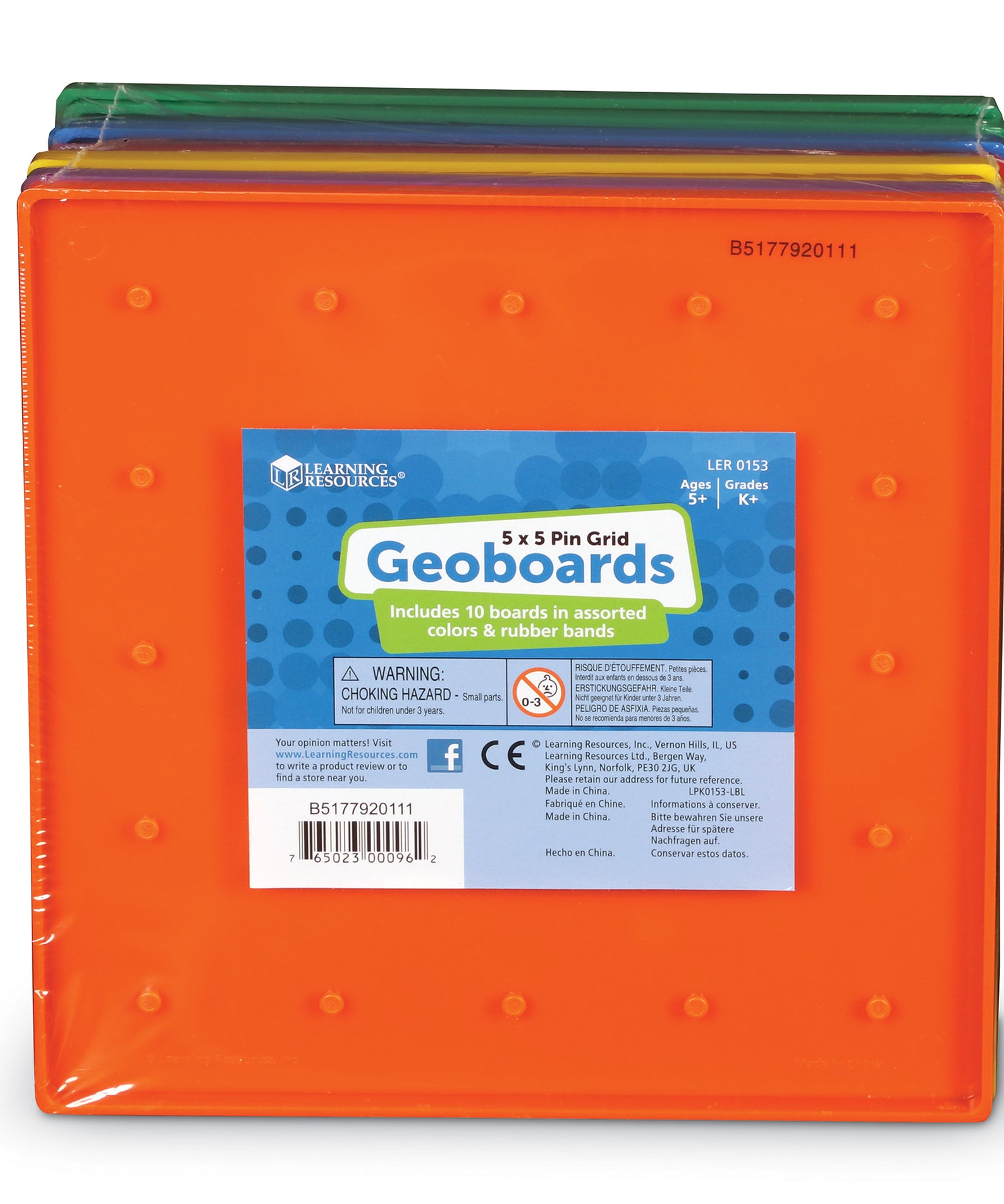 Learning Resources 5 x 5 Pin Geoboards, Set of 10 Colourful Plastic Boards with Elastic Bands, Hands-On Geometry Tools for Kids, Ages 5+