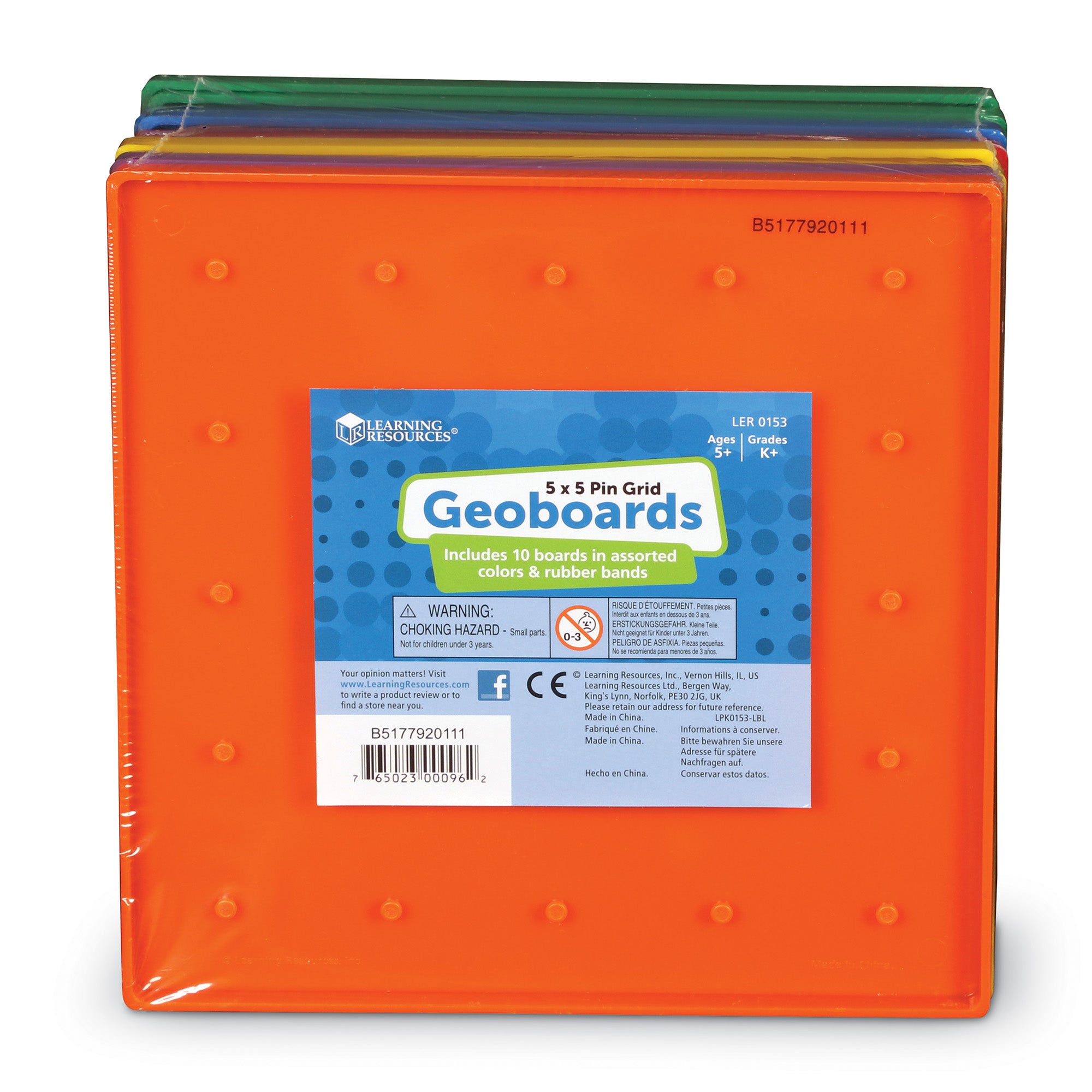Learning Resources 5 x 5 Pin Geoboards, Set of 10 Colourful Plastic Boards with Elastic Bands, Hands-On Geometry Tools for Kids, Ages 5+