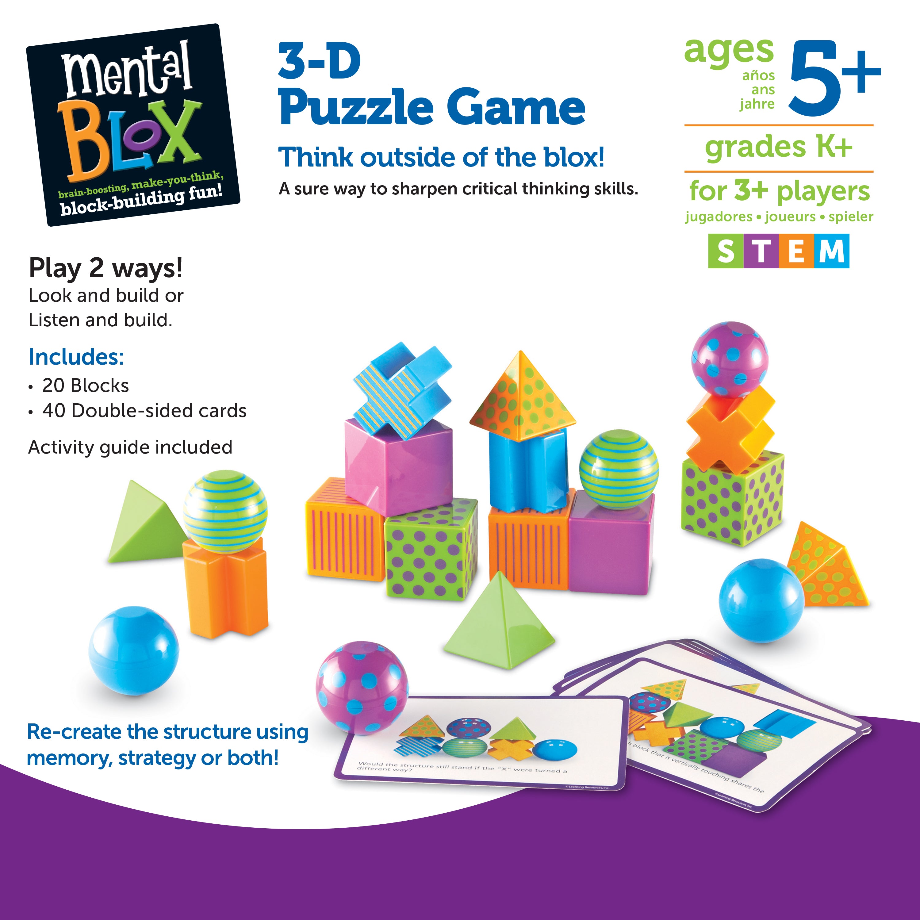 Learning Resources Mental Blox Critical Thinking Game, Pattern and Matching Game for Kids, Develop Memory, Problem Solving, and Recognition Skills, Includes 40 Challenges and 20 Chunky Plastic Pieces, For Ages 5+
