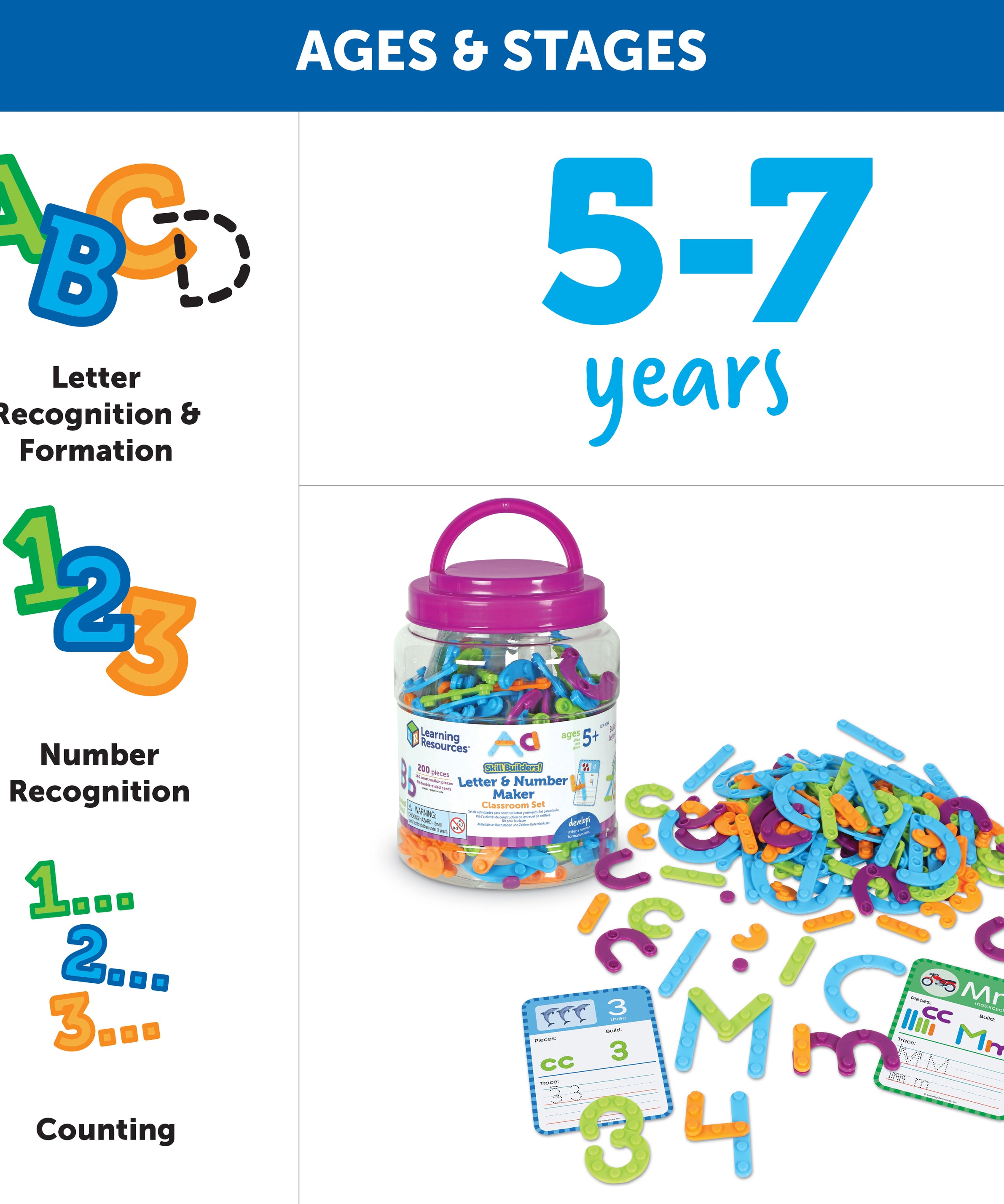 Learning Resources Skill Builders! Letter & Number Maker Classroom Set, 200-Piece Early Literacy & Numeracy Set with Activity Cards & Storage, Hands-On Learning for Kids, Ages 5+