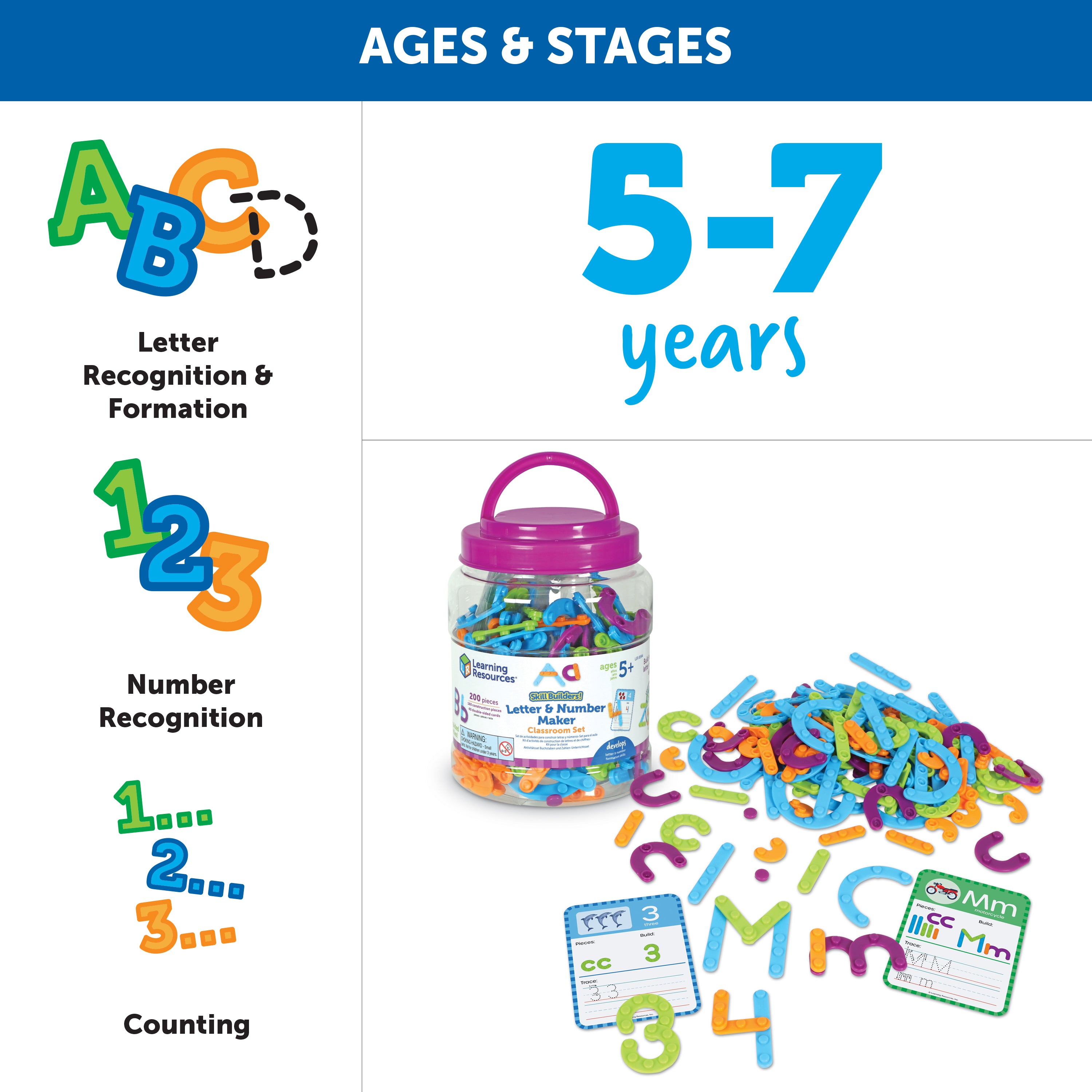 Learning Resources Skill Builders! Letter & Number Maker Classroom Set, 200-Piece Early Literacy & Numeracy Set with Activity Cards & Storage, Hands-On Learning for Kids, Ages 5+