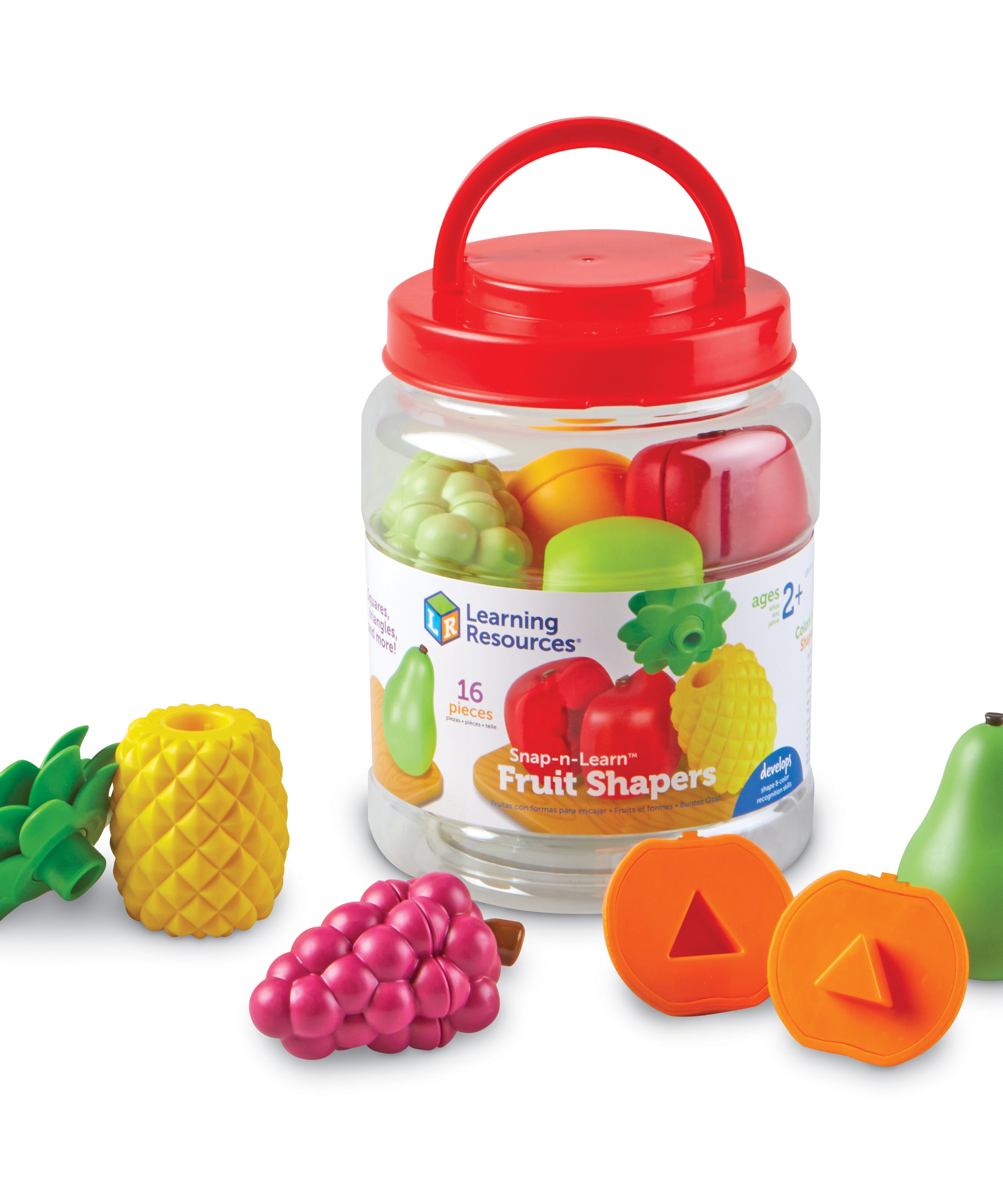Learning Resources Snap-n-Learn Fruit Shapers, Colourful Pop-Apart Shape Matching Toy, Develops Fine Motor & Early Learning Skills, Includes 8 Two-Piece Fruits & Storage Bucket, Ages 2+
