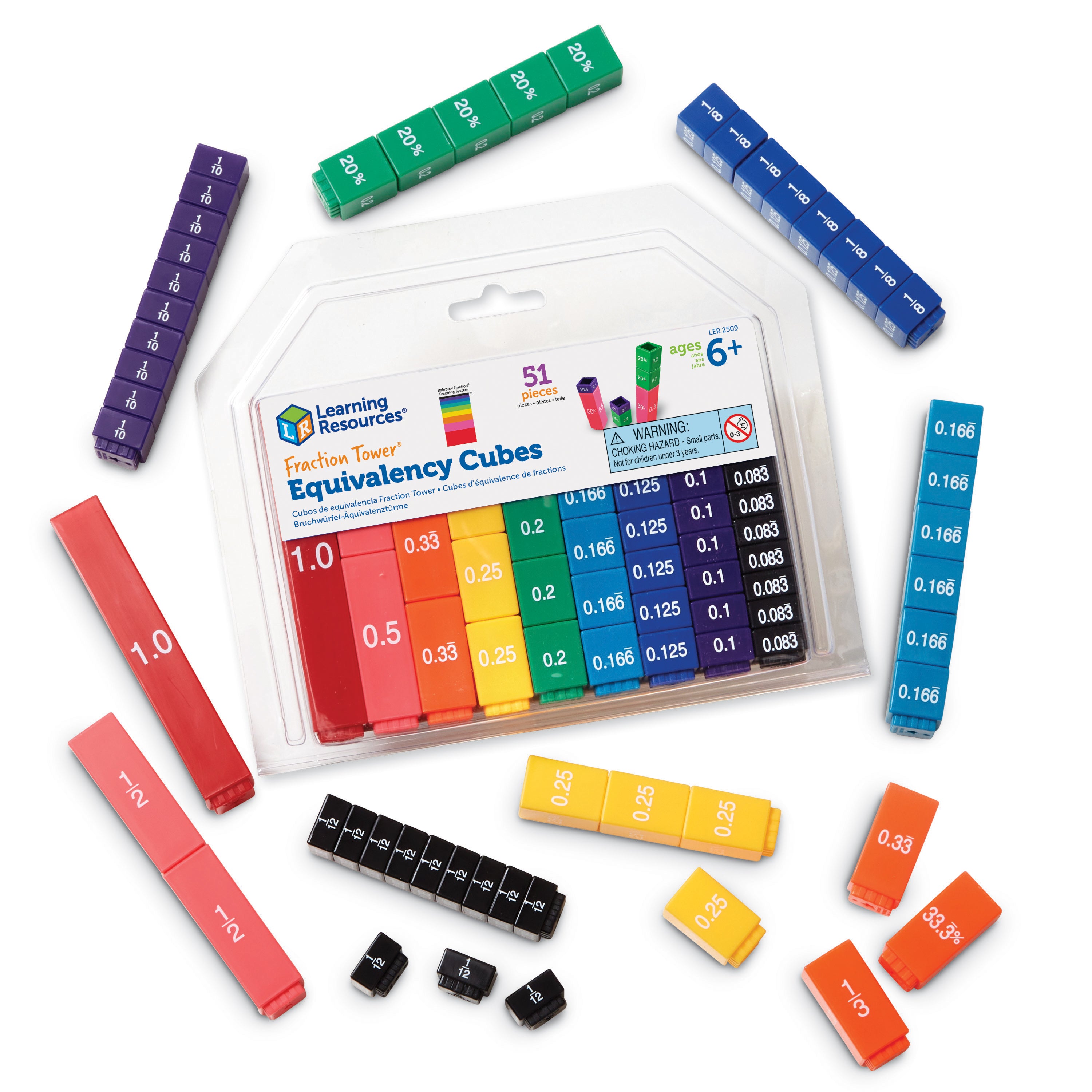 Learning Resources Fraction Tower Equivalency Cubes, Colour-Coded Maths Manipulative Set, 51 Interlocking Pieces for Visualising Fractions and Equivalencies