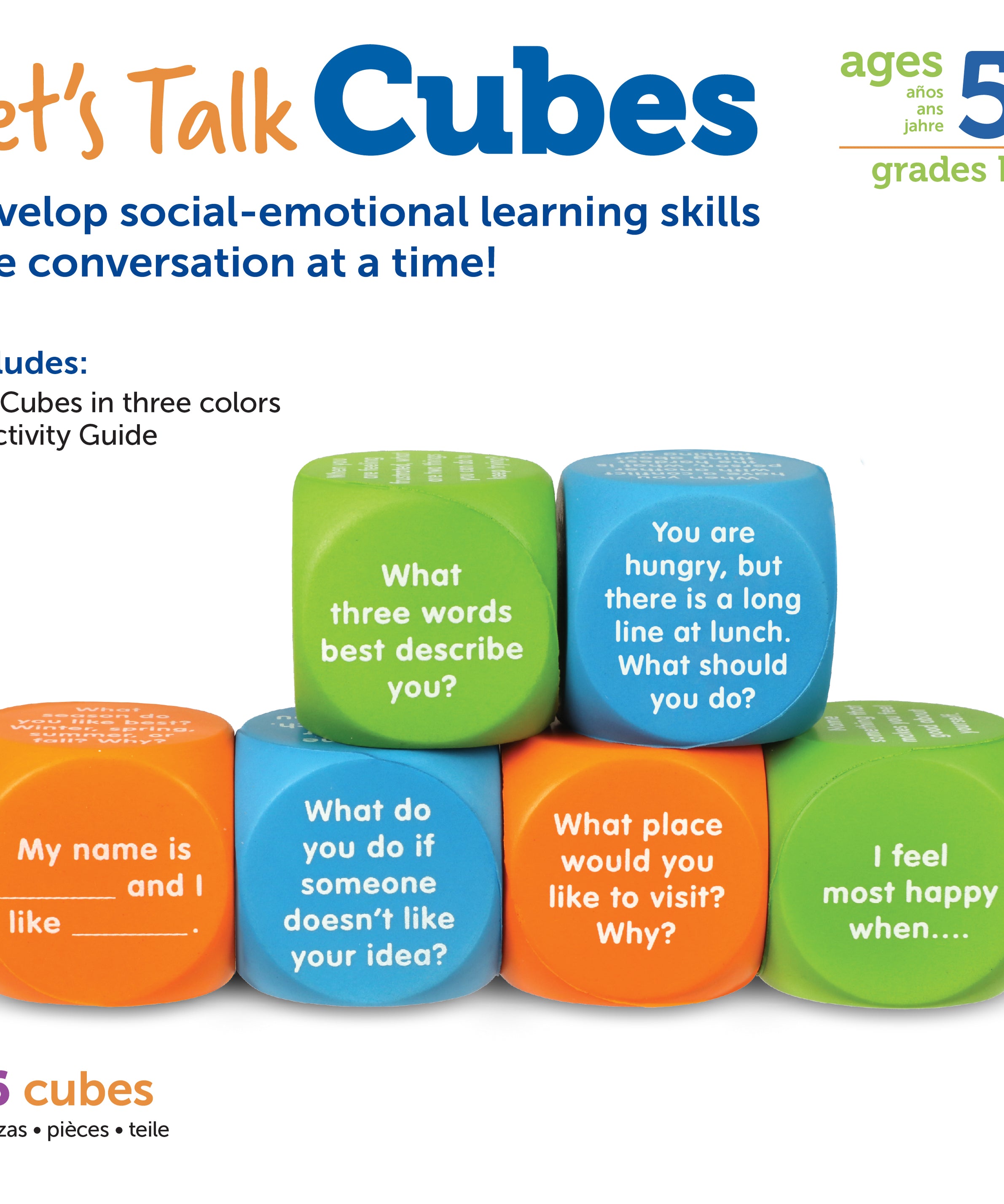 Learning Resources Lets Talk SEL Cubes, Set of 6 Social Emotional Learning Conversation Cubes, Includes 36 Prompts for Ice Breakers, Social Skills, and Emotional Awareness, For Ages 5+
